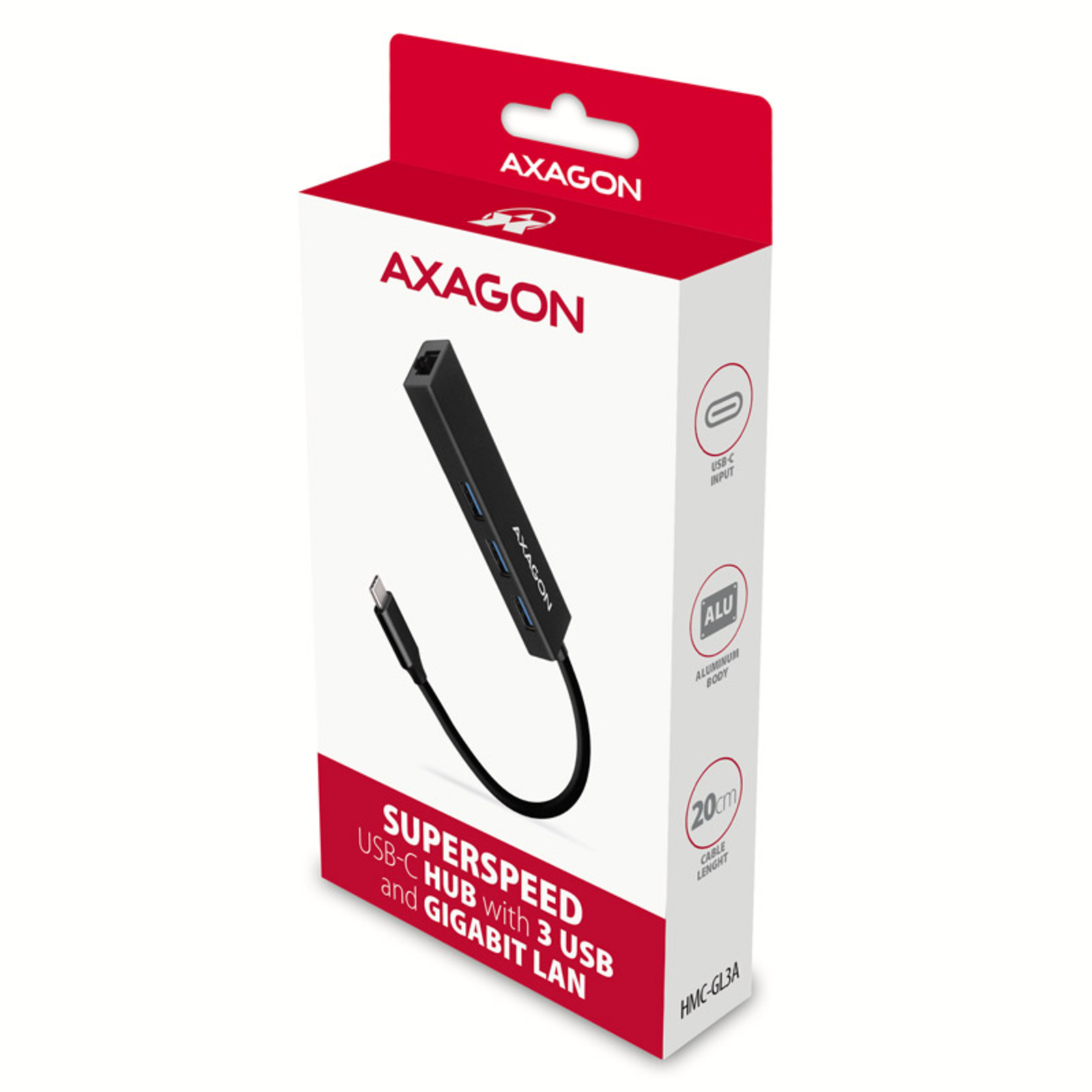 Axagon HMC-GL3A USB-C Hub 3x USB-A Gbit-LAN Black