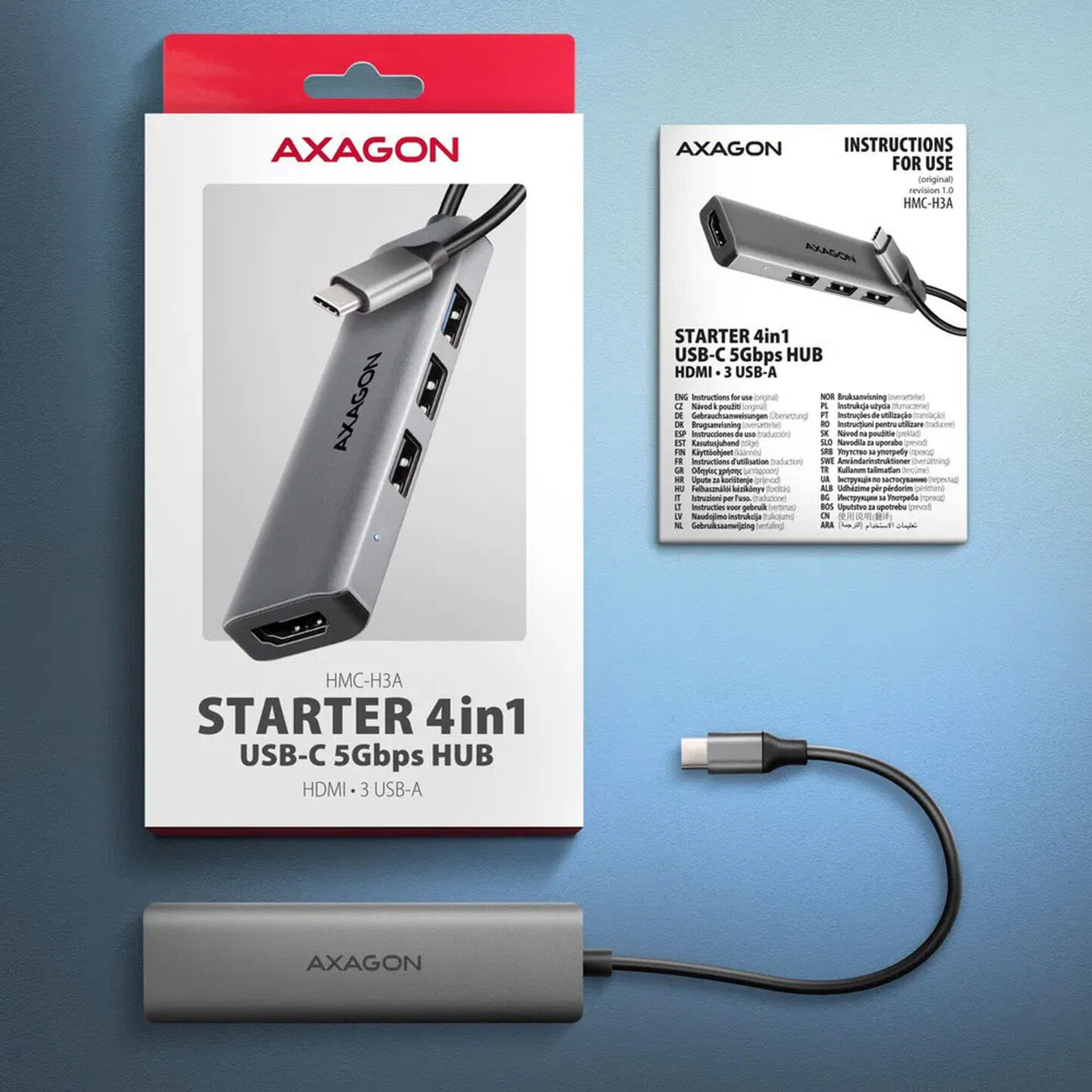 Axagon HMC-H3A USB-C 3.2 to HDMI Adapter 3x USB-A (Grey)