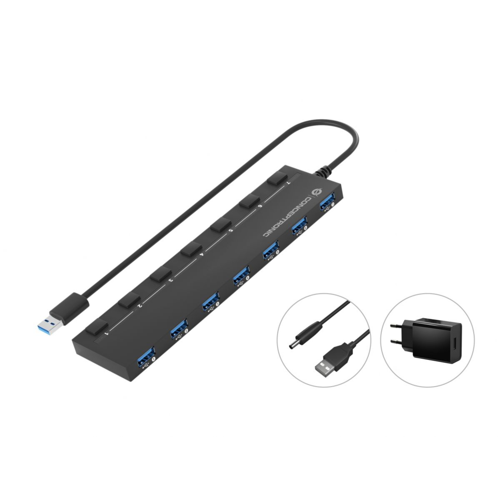 Conceptronic USB Hub 7-port 3.0 -7x3.0 with Power Supply Black