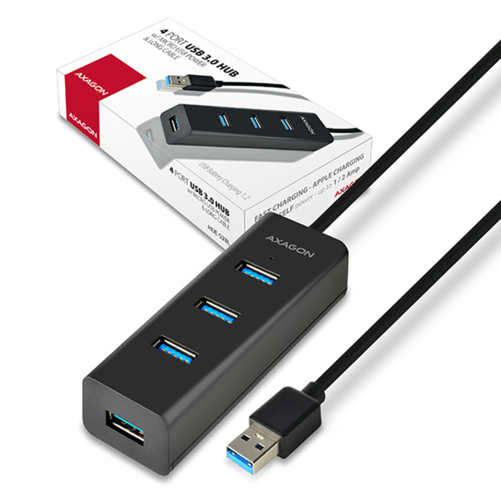Axagon HUE-S2BL USB-A Hub 4x USB 3.0 External Power Supply 1.2 M