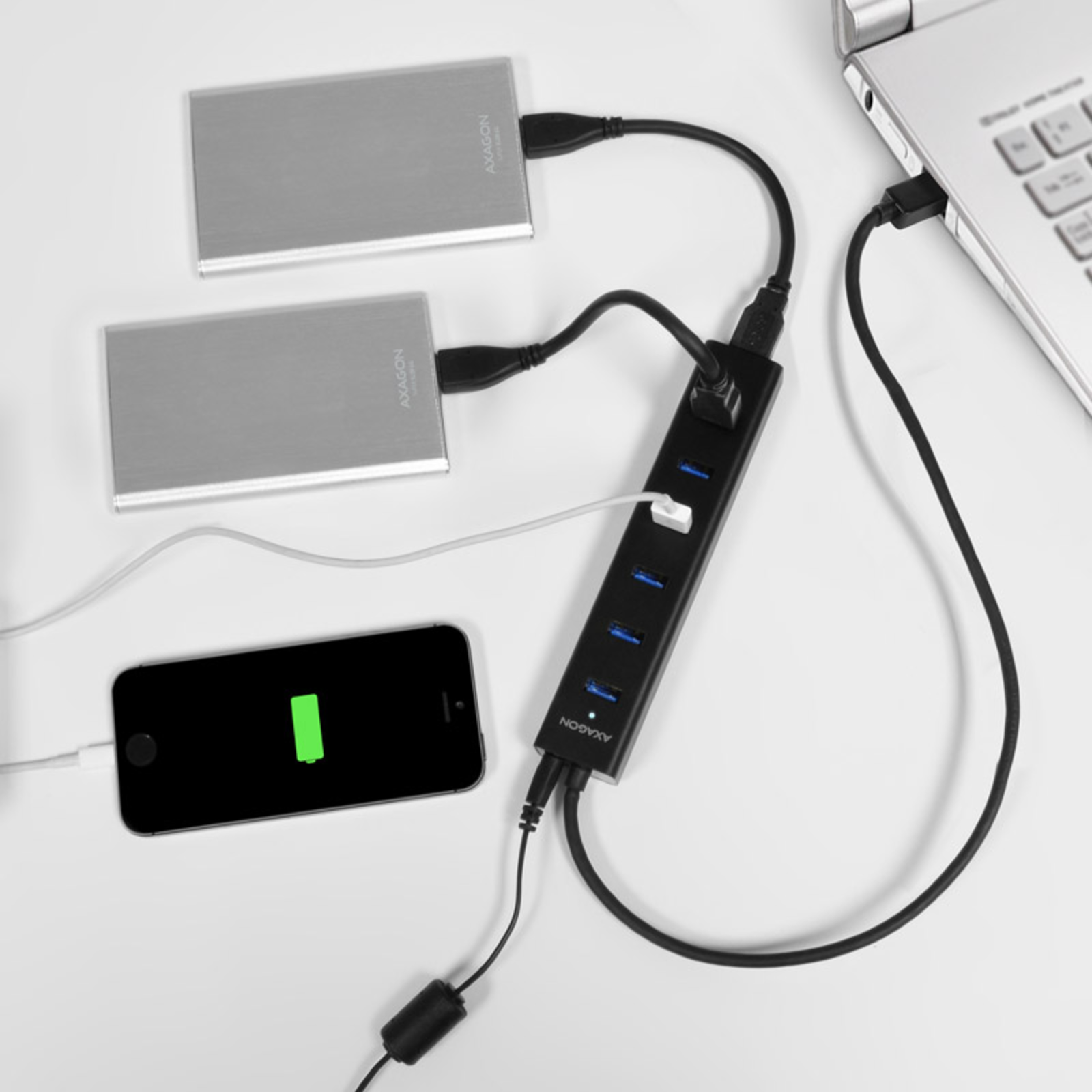 Axagon HUE-SA7BP USB-A Hub 7x USB 3.0 1x Micro-USB 400mm Cable Power Supply Unit