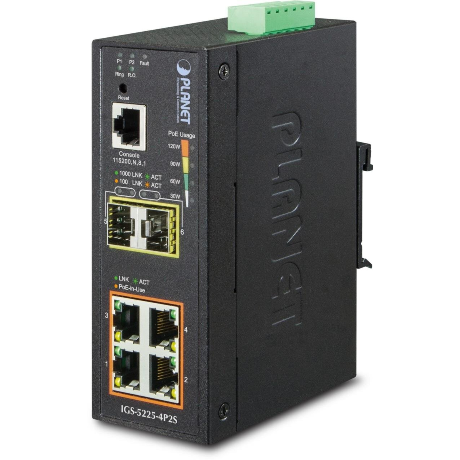 PLANET Industrial 4-port Gbit 802.3at PoE + 2x SFP Managed Switch IP30 -40C 75C
