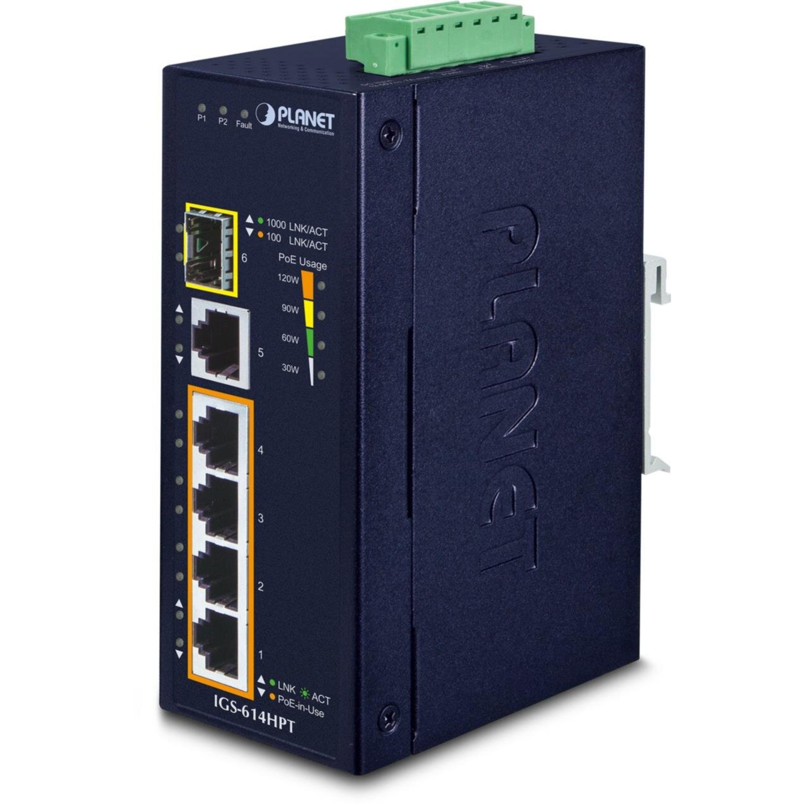 PLANET IP40 Industrial 4Port Gbit 802.3at PoE + 1Port Gbit + 1-Port Gbit SFP Switch