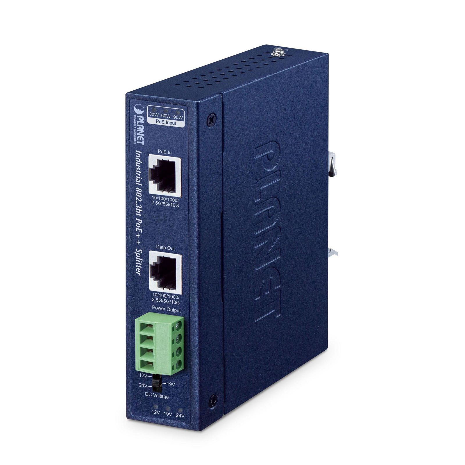 Planet IP30 Industrial Single-Port 10Gbps 802.3bt PoE++ Splitter Blue Metal PoE Power FCC Part 15 A