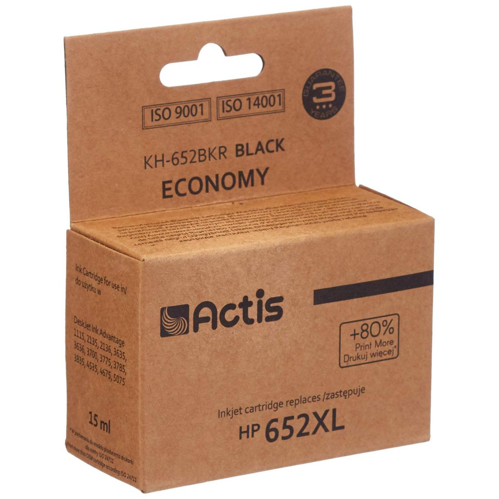 ACTIS KH-652BKR Ink Replacement HP 652 F6V25AE Standard 15 Ml 650 Pages Black