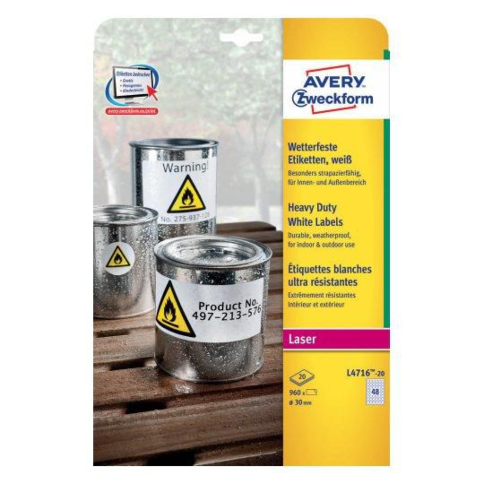 Avery L4716-20 White Circle Permanent A4 Polyester Mat