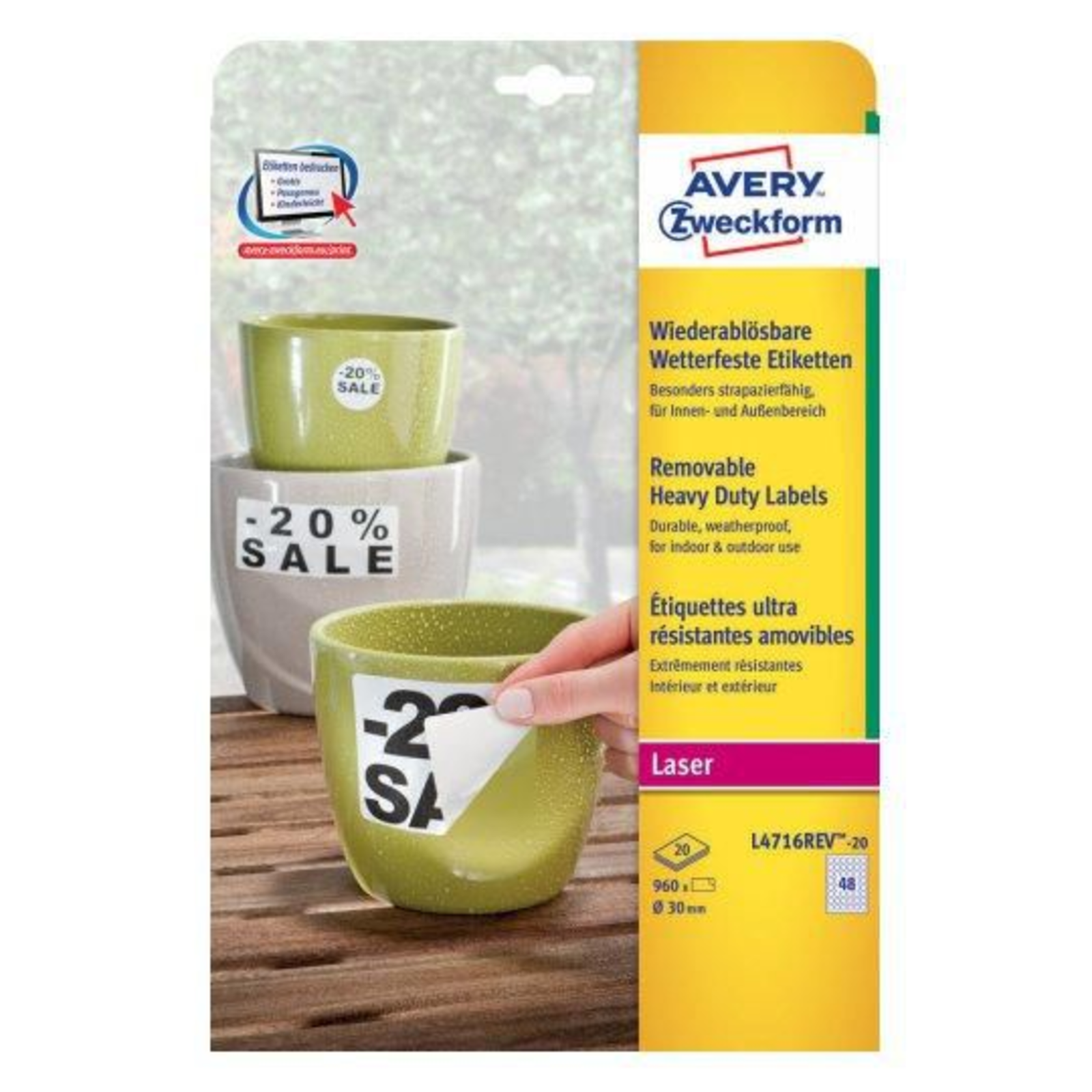Avery L4716REV-20 White Circle Removable A4 Polyester mattee