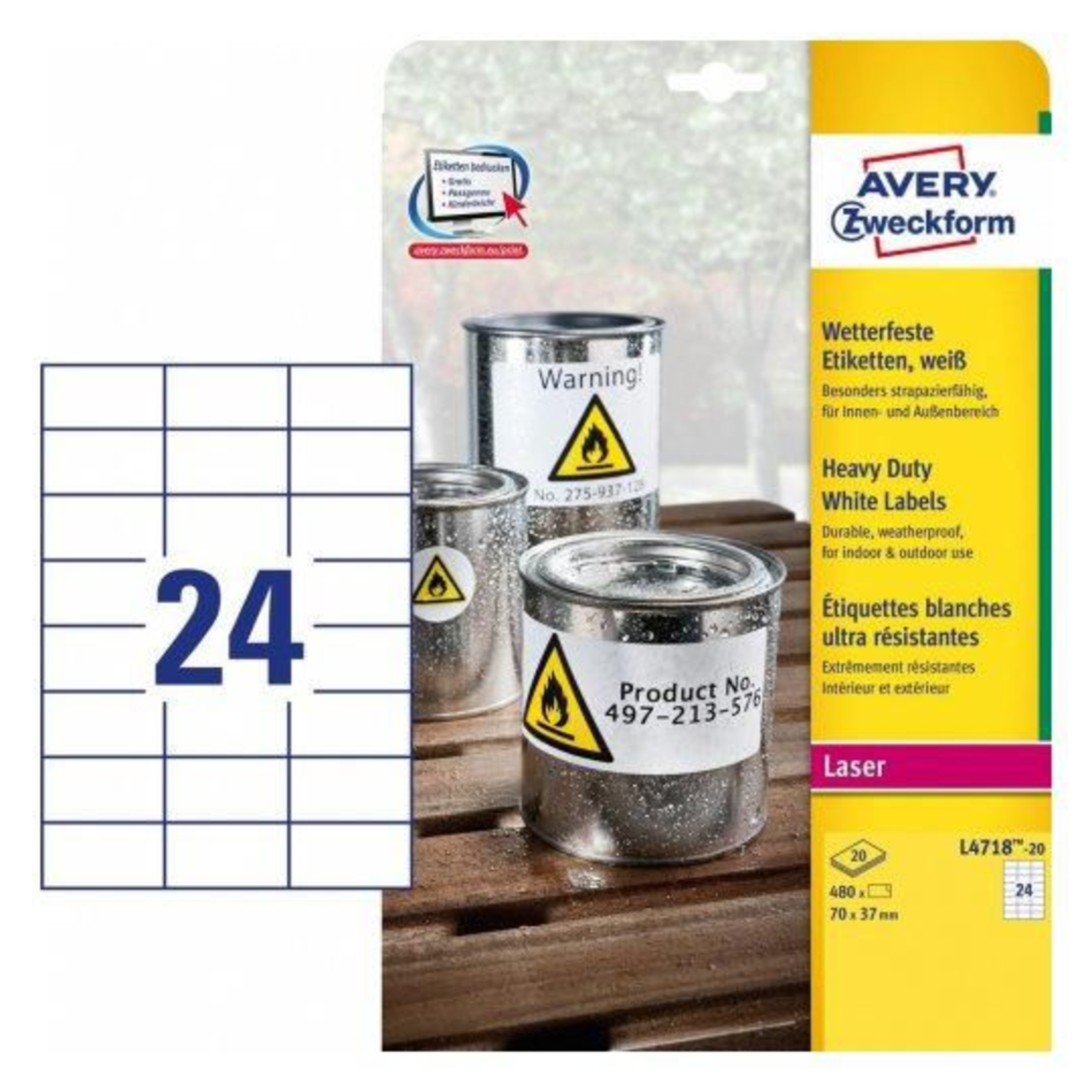 Avery L4718-20 White Self-adhesive Printer Label A4 Foam Polyester
