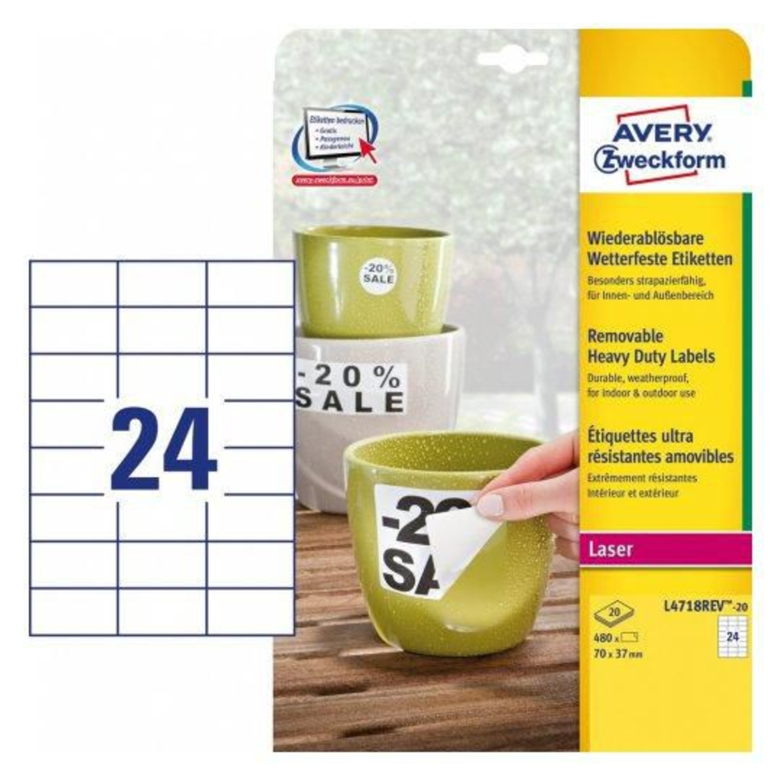 Avery L4718REV-20 White Self-adhesive Printer Label A4 Polyester Laser Entfe