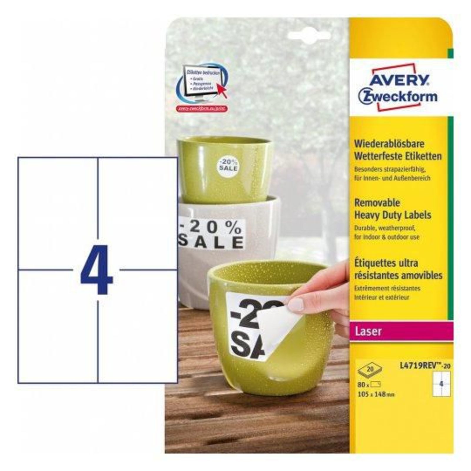 Avery L4719REV-20 White Self-adhesive Printer Label A4 Film Polyester Laser