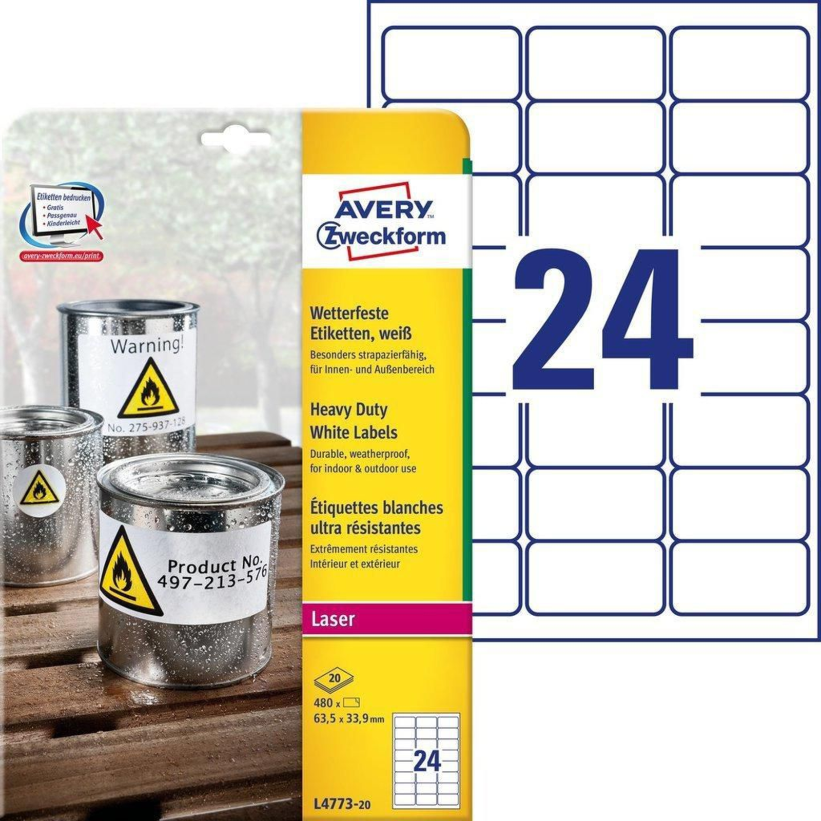 Avery L4773-20 White Rounded Rectangle Durable DIN A4 Polyester mattee