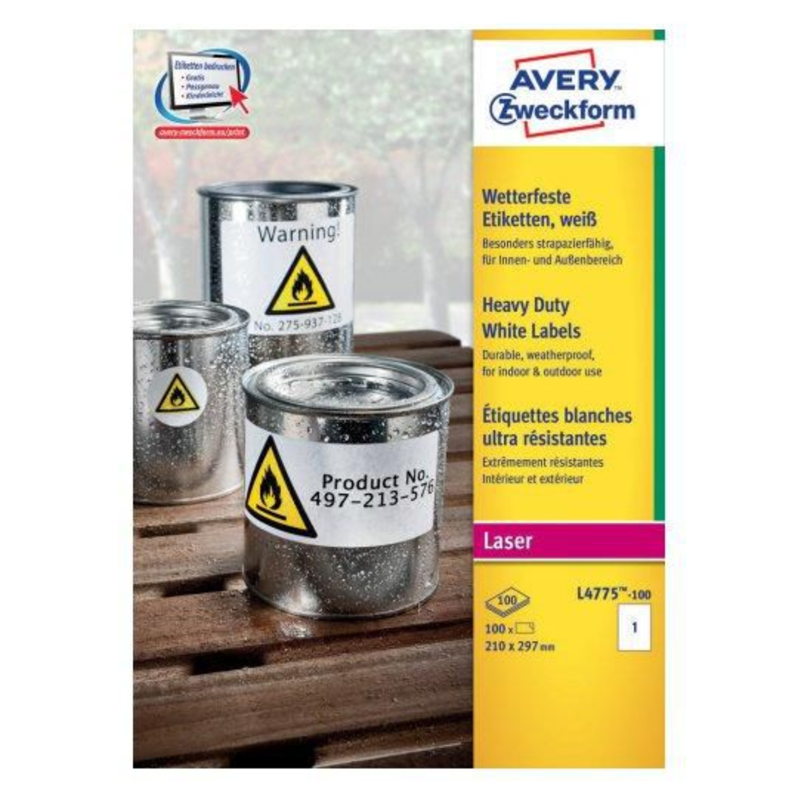 Avery L4775-100 White Rounded Rectangle Durable A4 Polyester mattee