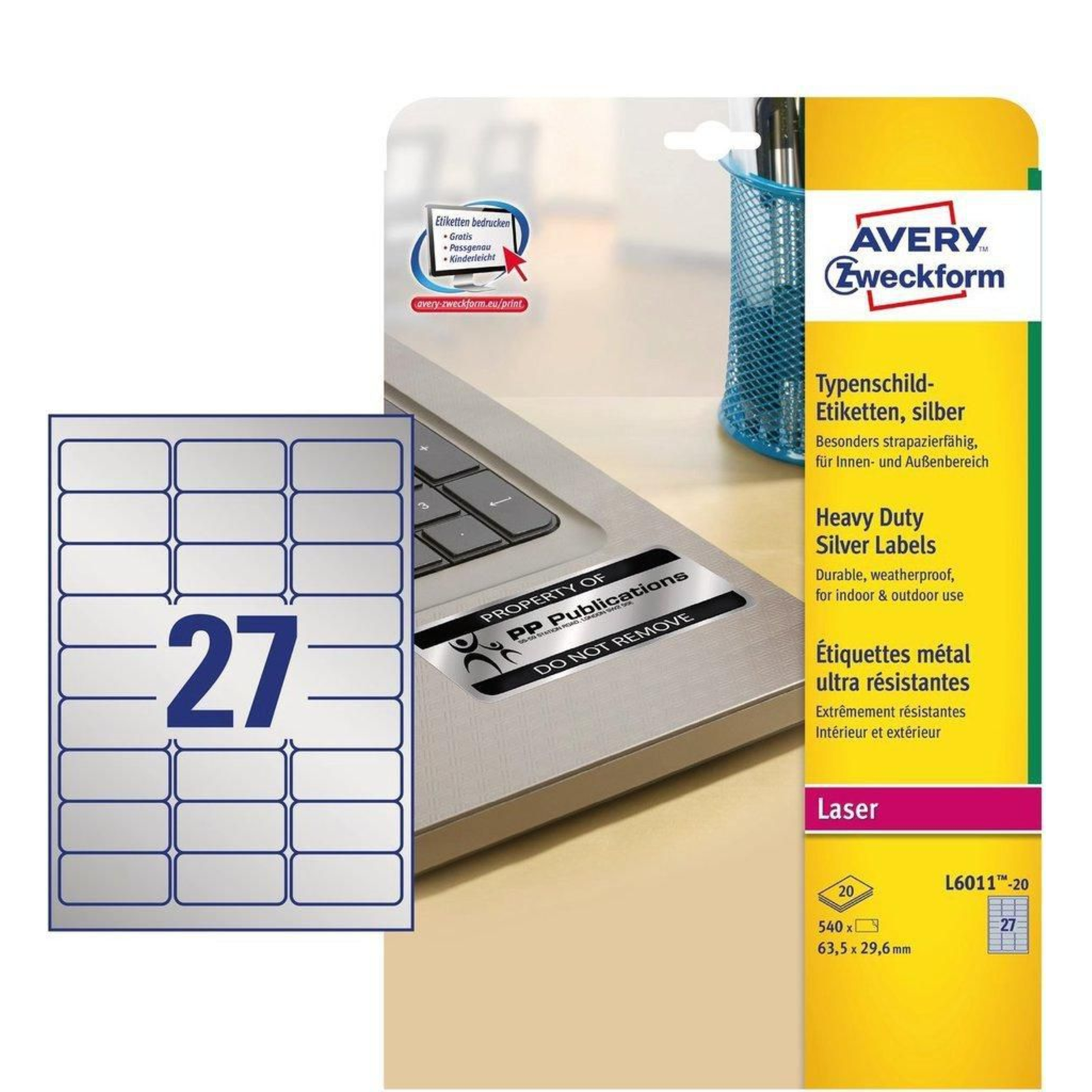 Avery L6011-20 Silver Rounded Rectangle Durable DIN A4 Polyester 78 Gm2