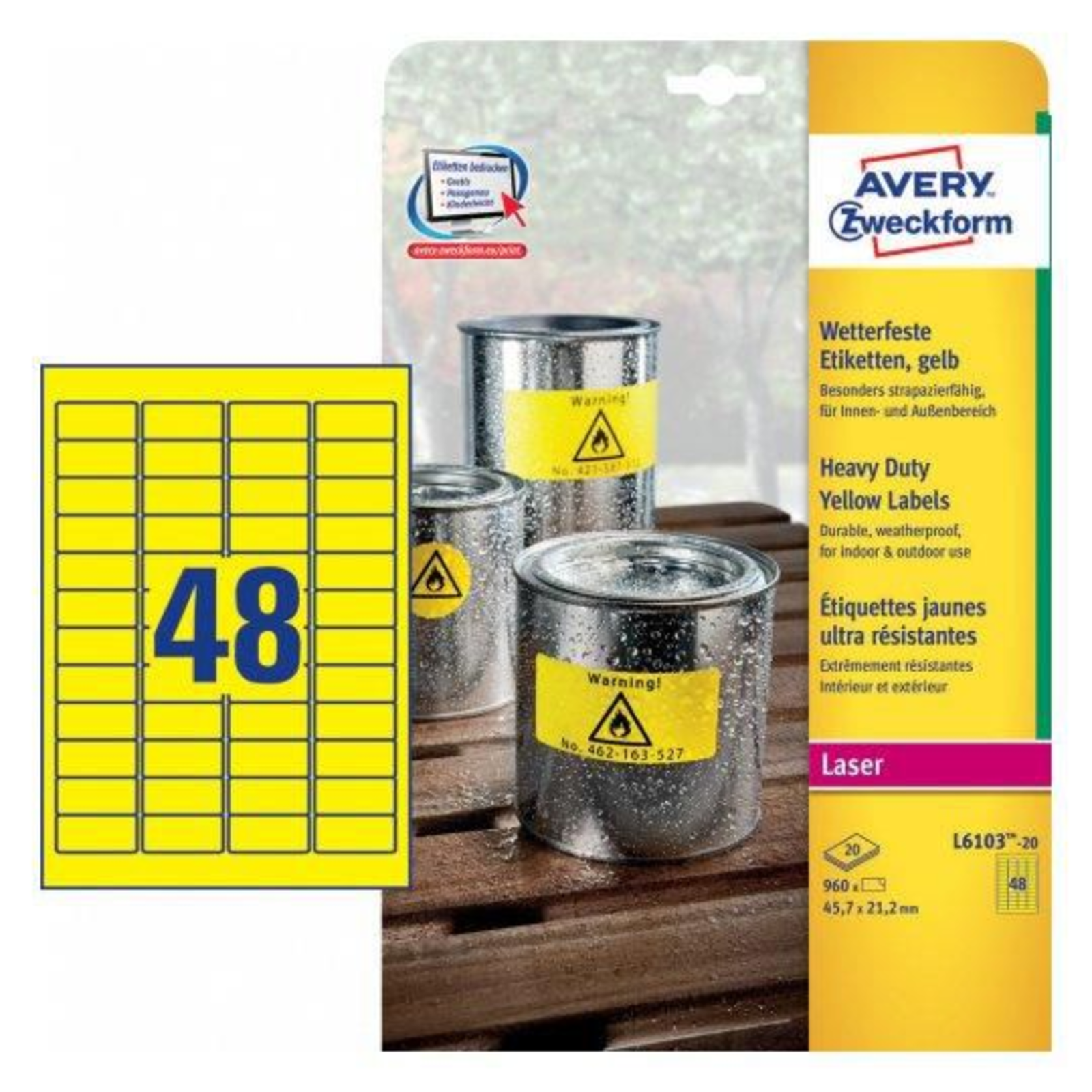 Avery L6103-20 Yellow Rectangle Permanent DIN A4 Polyester Laser