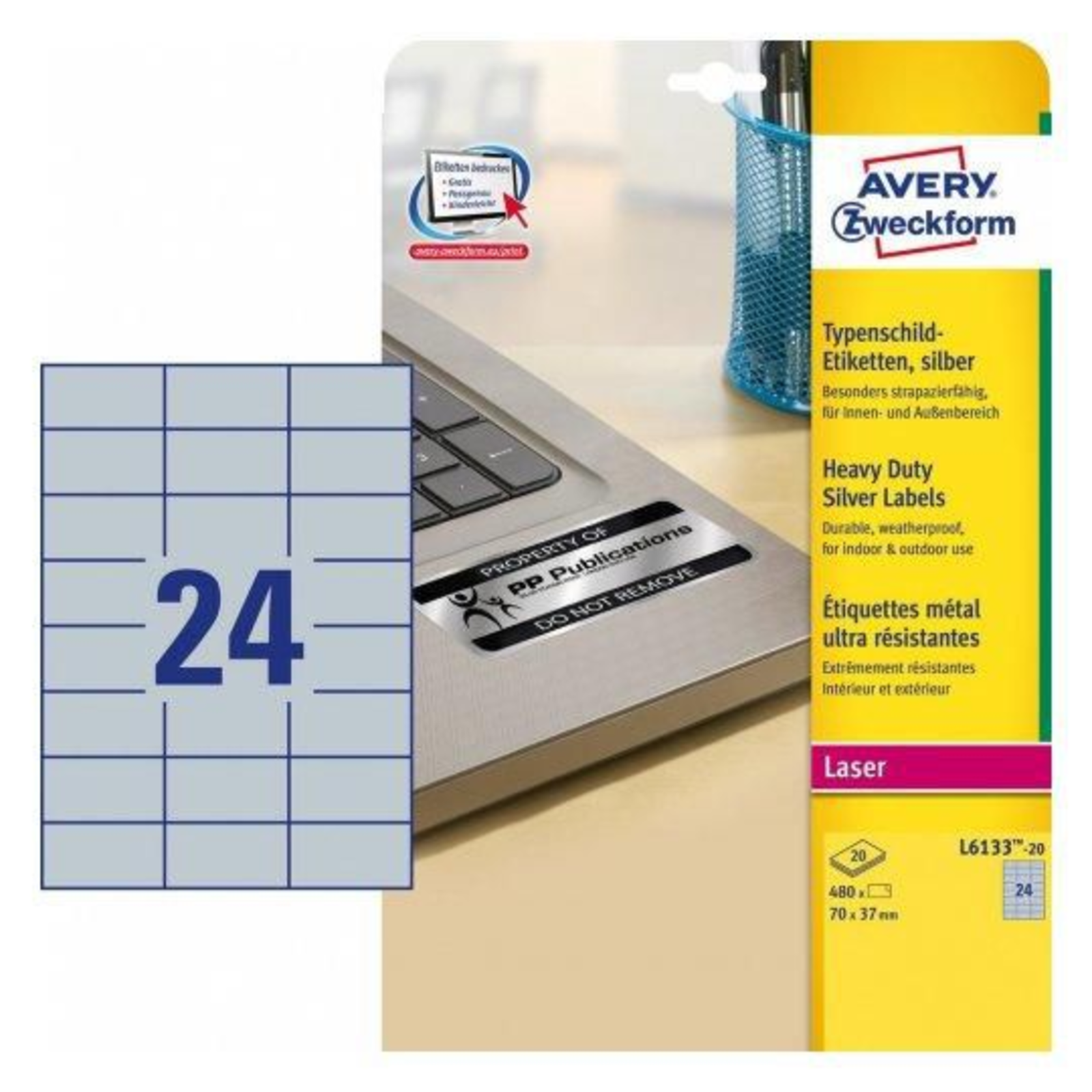 Avery L6133-20 Silver Self-adhesive Printer Label A4 Polyester Laser