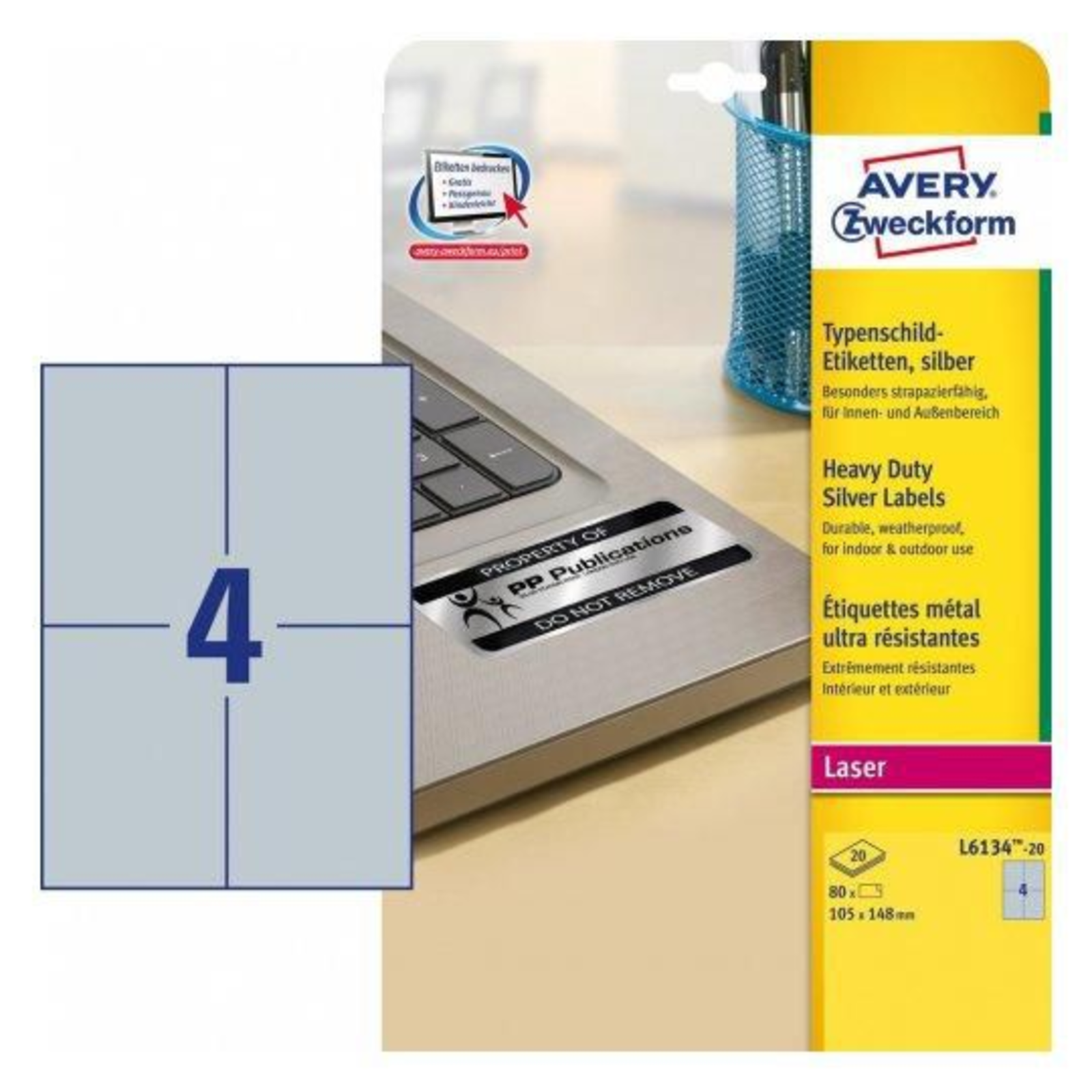 Avery L6134-20 Silver Self-adhesive Printer Label A4 Polyester Laser