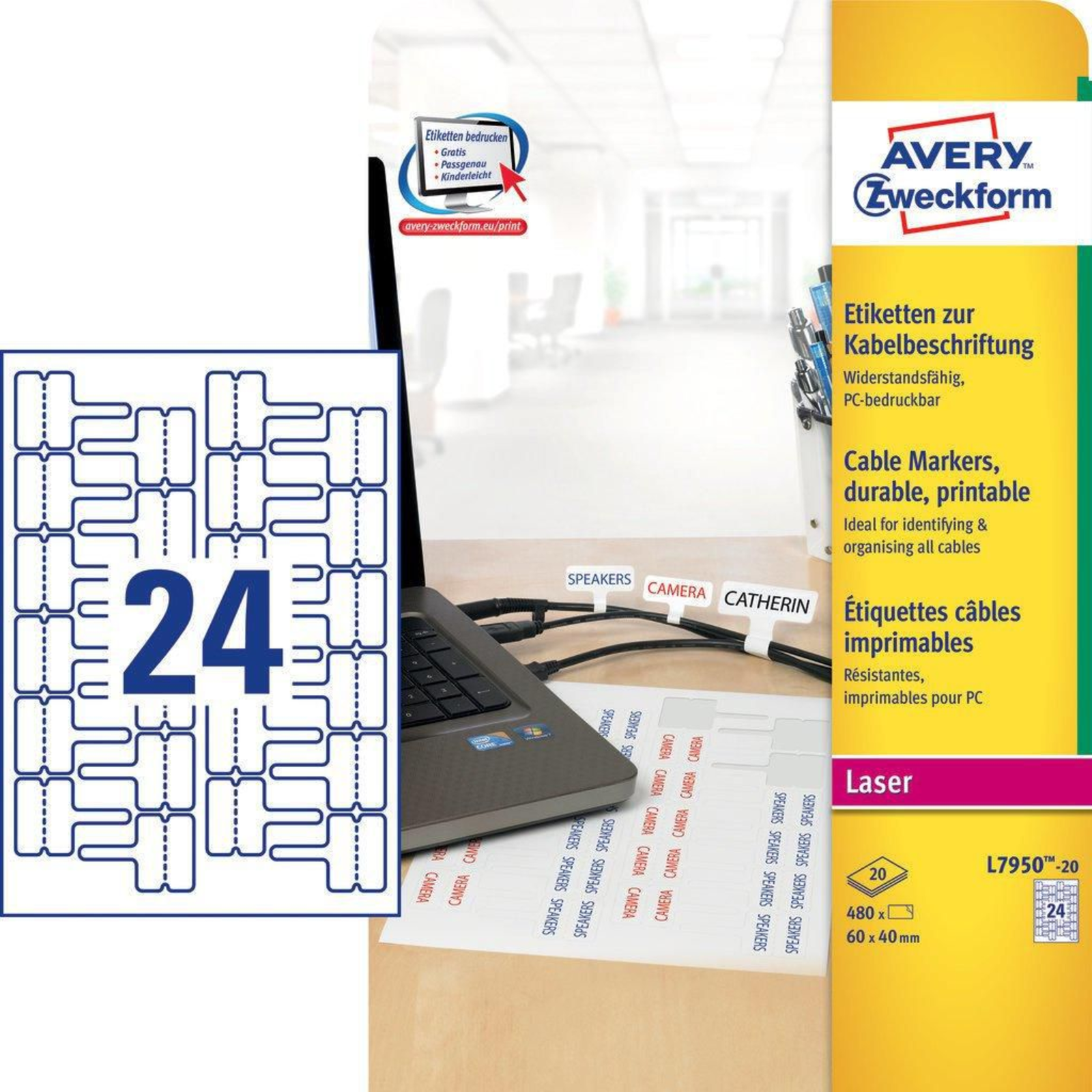 Avery L7950-20 White Rectangle Permanent DIN A4 Polyester Laser