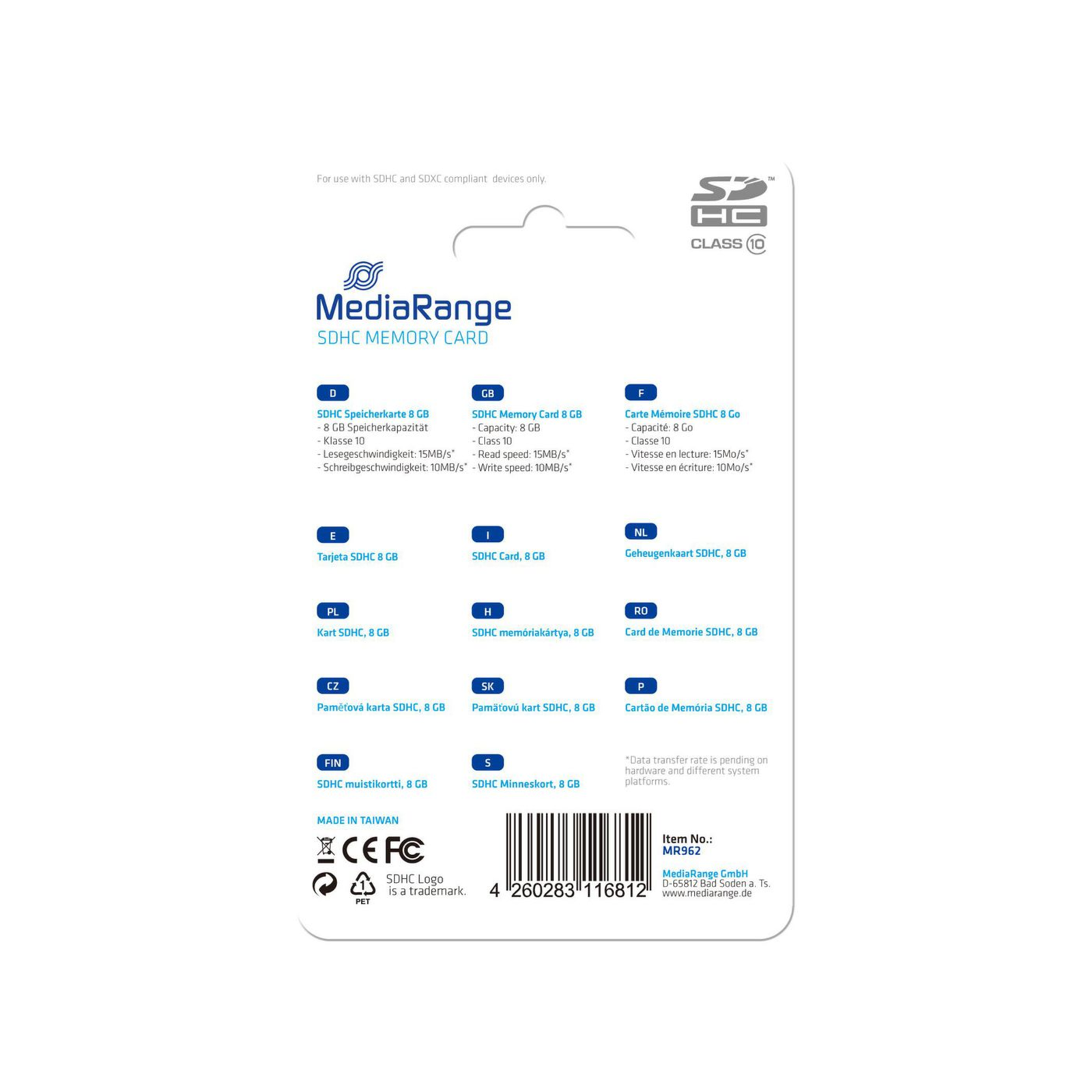 MEDIARANGE Flash Memory Card 8 GB Class 10