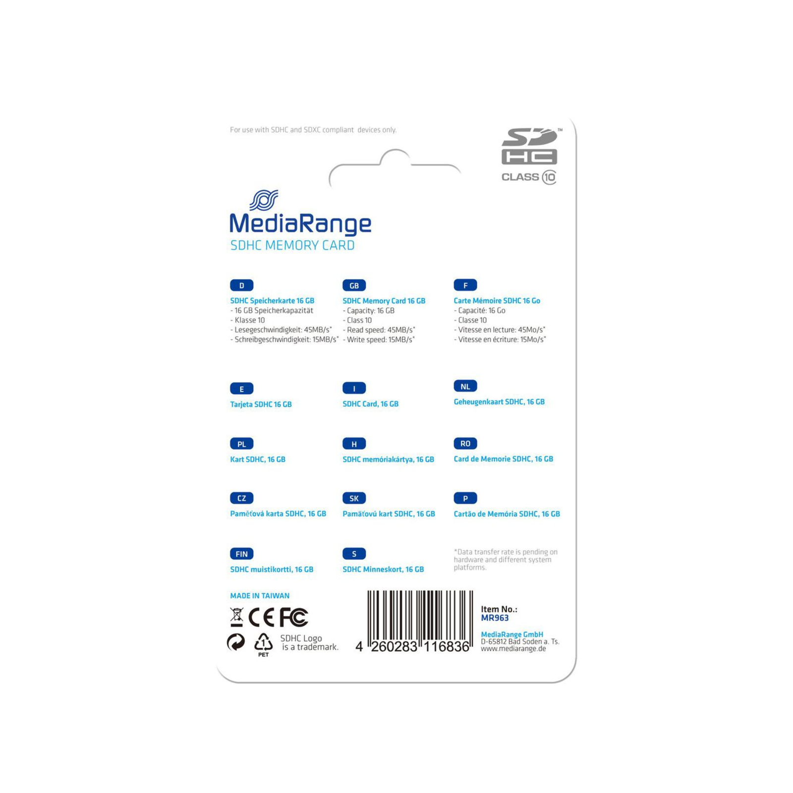 MEDIARANGE Flash Memory Card 16 GB Class 10