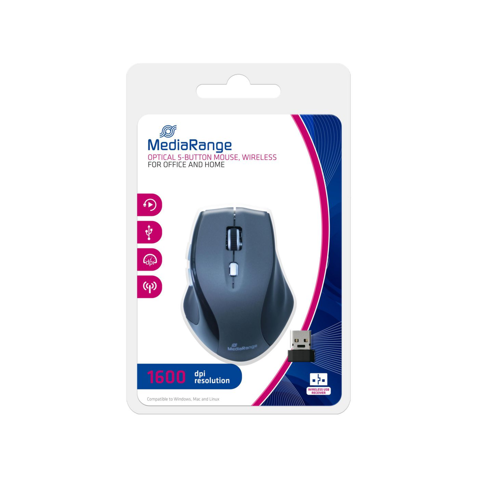 MEDIARANGE Mouse Optical 5 Buttons Wireless Wireless Receiver (USB)