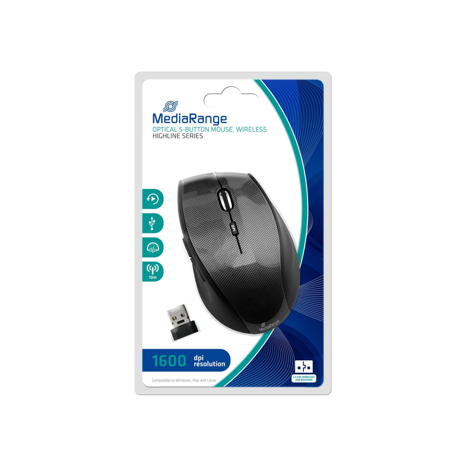 MEDIARANGE MROS207 Mouse Optical 5 Buttons Wireless 2.4 GHz Wireless Receiver (USB)