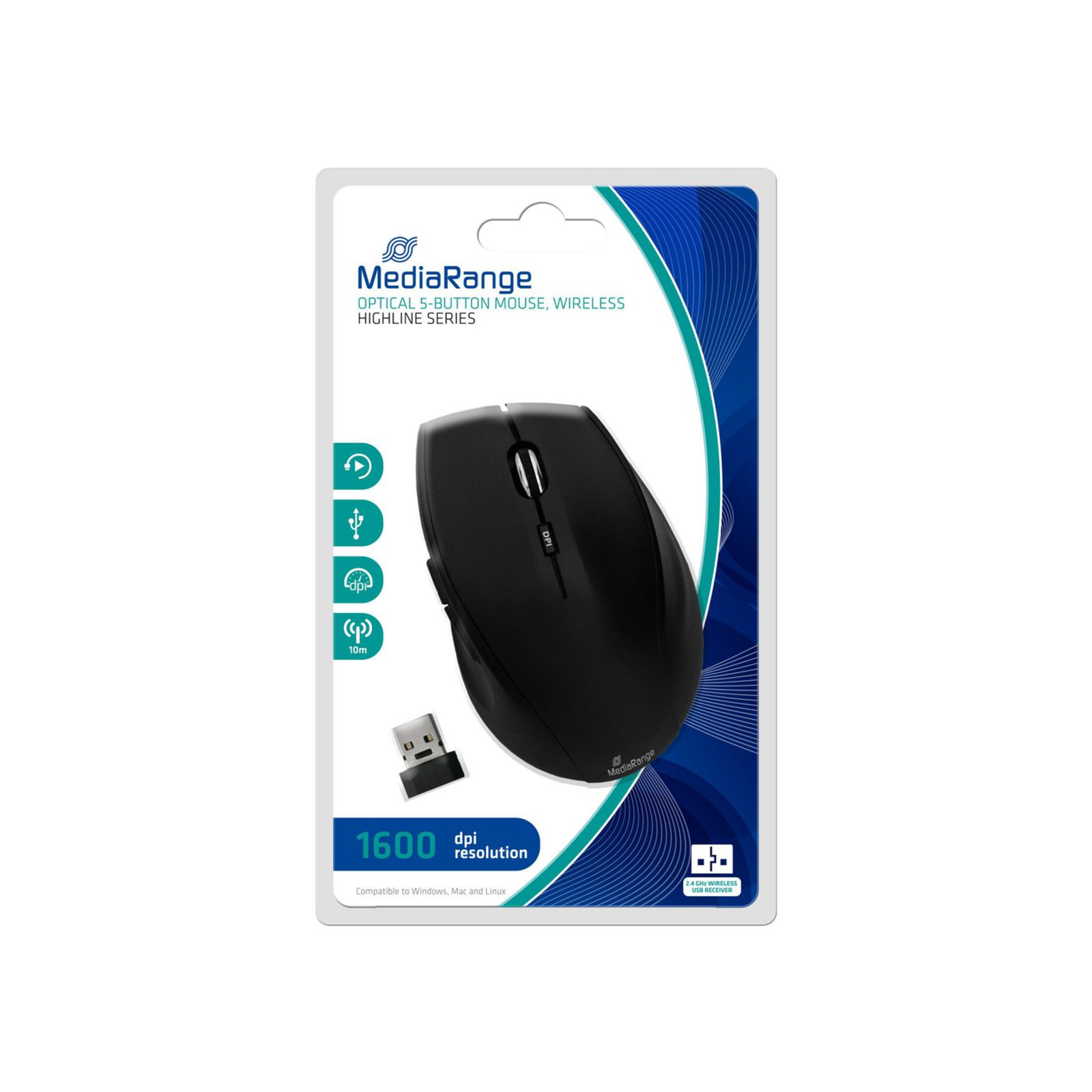 MEDIARANGE MROS208 Mouse Optical 5 Buttons Wireless 2.4 GHz Wireless Receiver (USB)