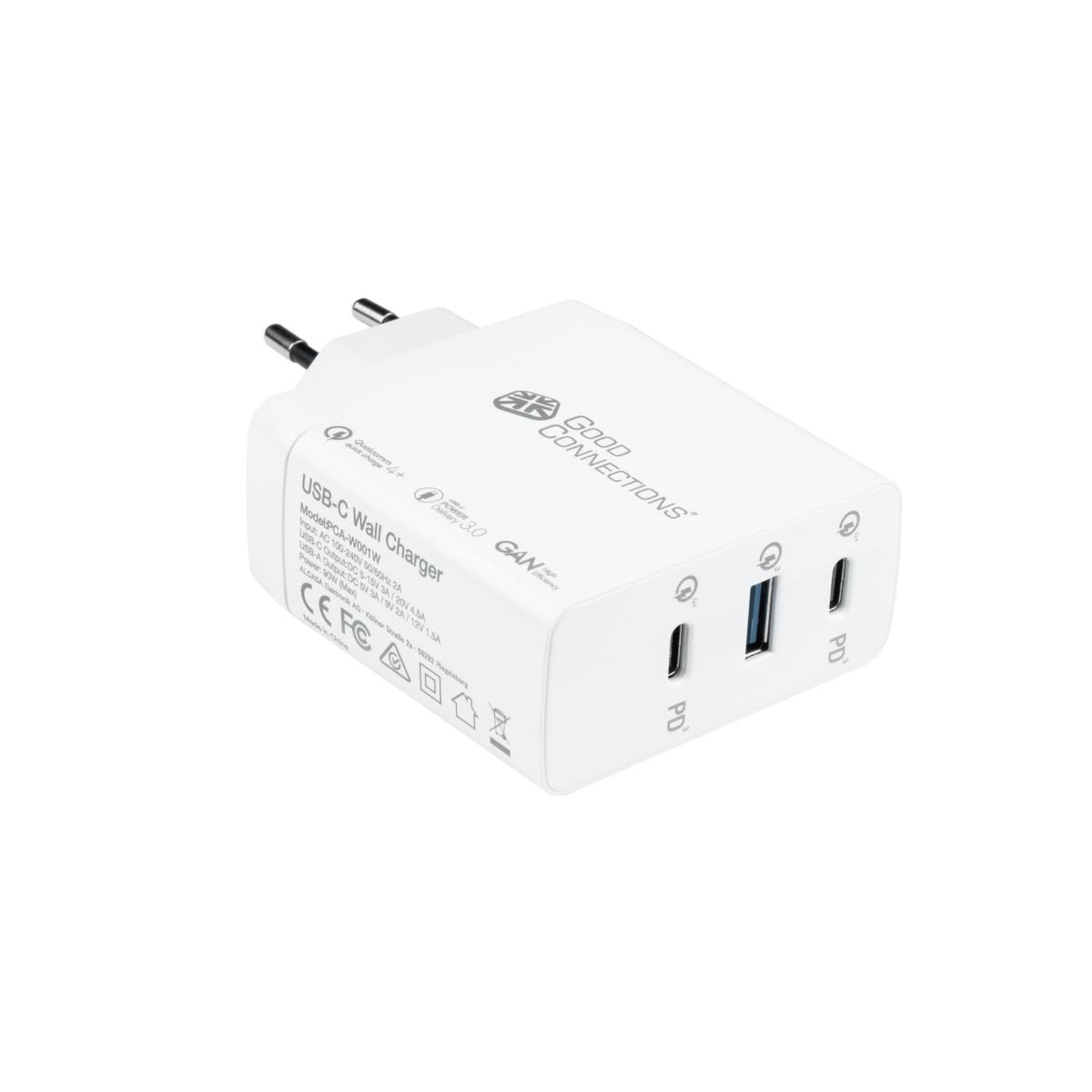 Good Connections USB Fast Charger 100W with GaN Technology 3-port 2xUSB-C USB-A PD3.0 QC4+ White