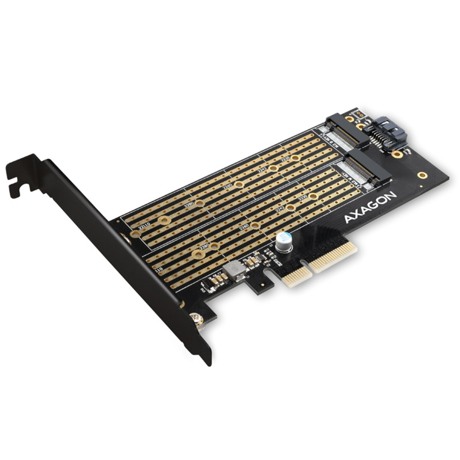 Axagon PCEM2-D PCIe 3.0 Adapter 1x M.2 NVMe 1x M.2 SATA up to 22110 Passive Cooling