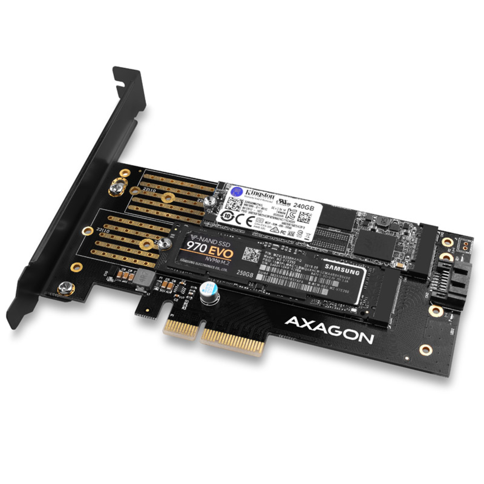 Axagon PCEM2-D PCIe 3.0 Adapter 1x M.2 NVMe 1x M.2 SATA up to 22110 Passive Cooling