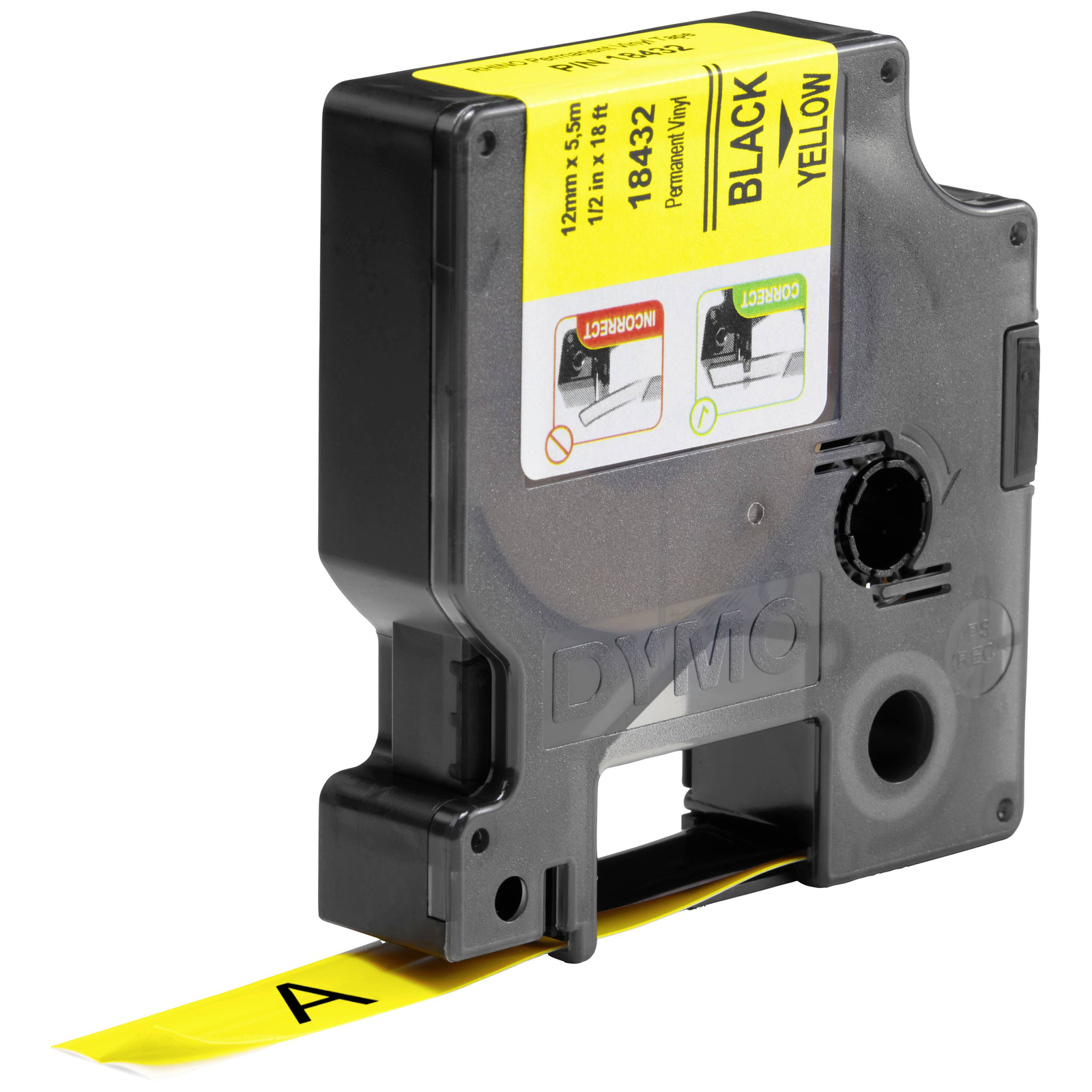 Dymo Rhino ID1 18432 Vinyl Tape Black on Yellow 12 Mm/5.5 M