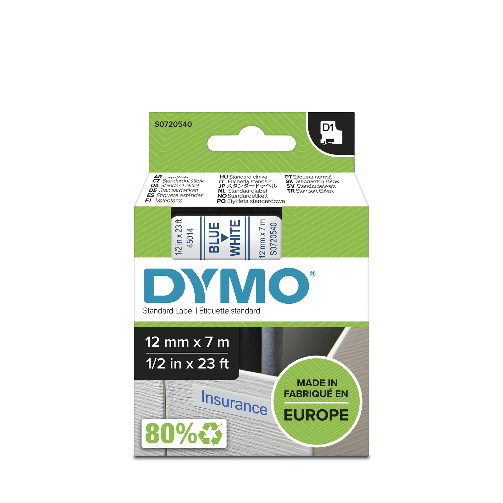Dymo D1 Writing Tape 45014 Standard Blue on White 12 Mm/7 M