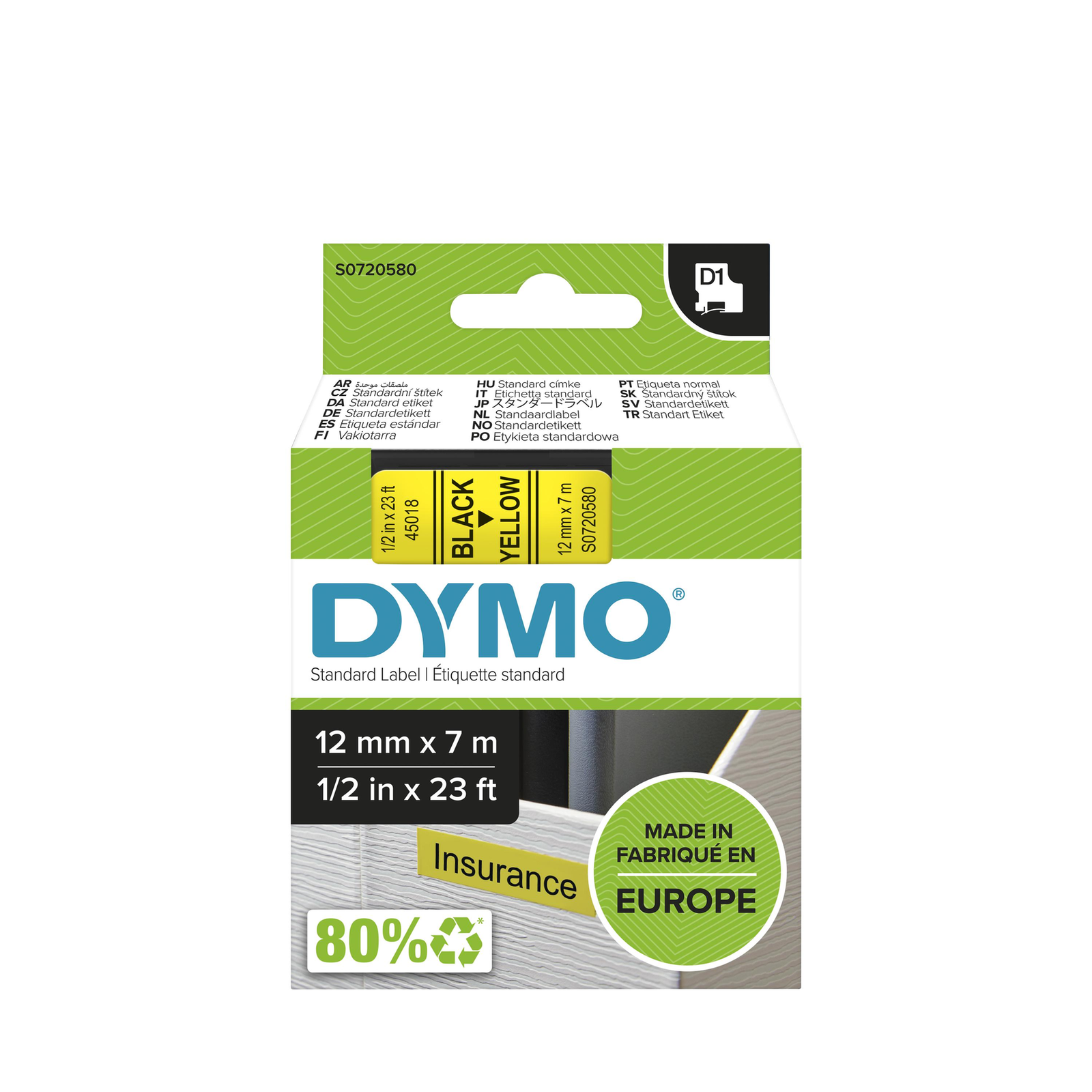 Dymo D1 Standard Polyester Self-adhesive Black on Yellow Roll 1.2 Cm X 7 M
