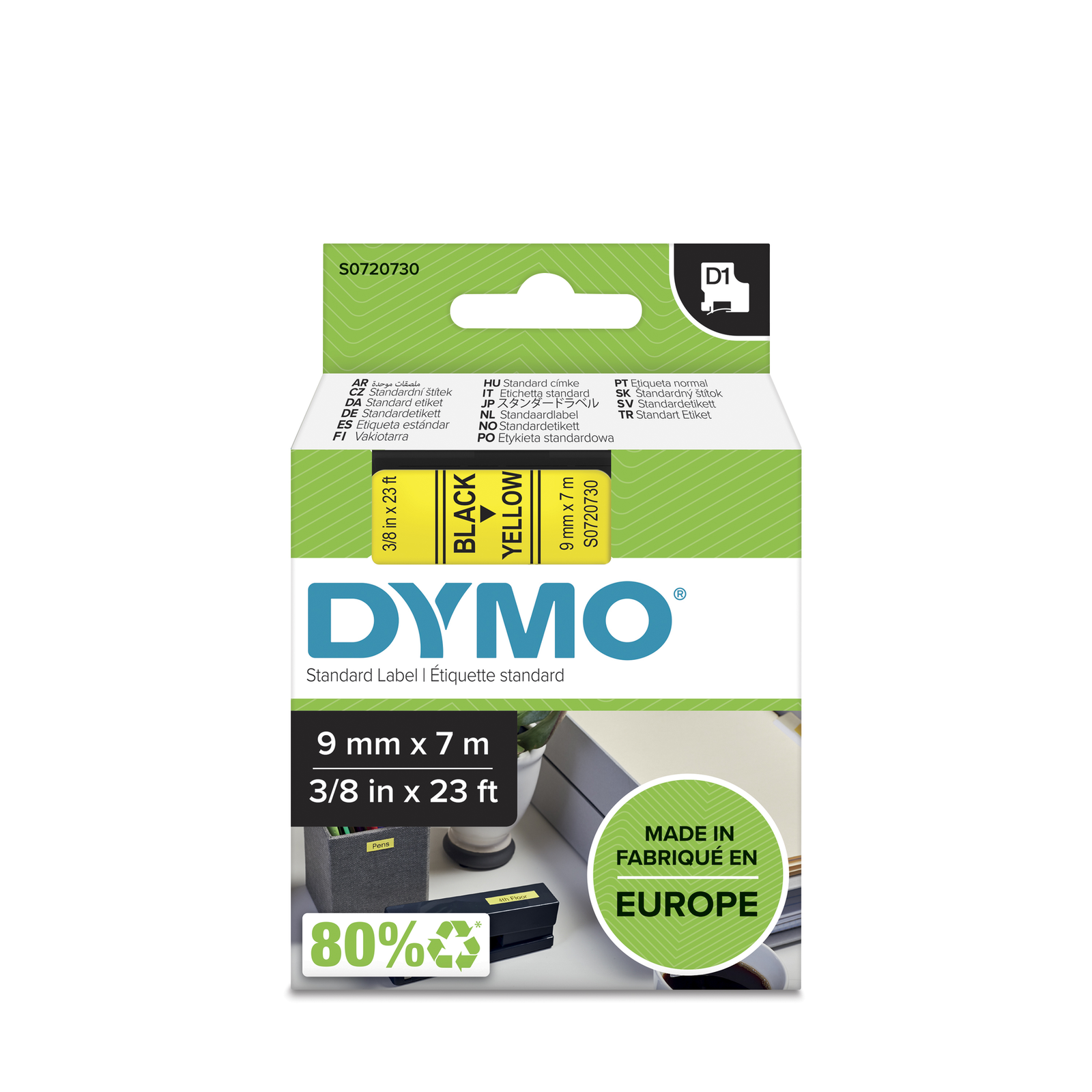 Dymo D1 Polyester Self-adhesive Black on Yellow Roll (0.9 Cm X 7 M)