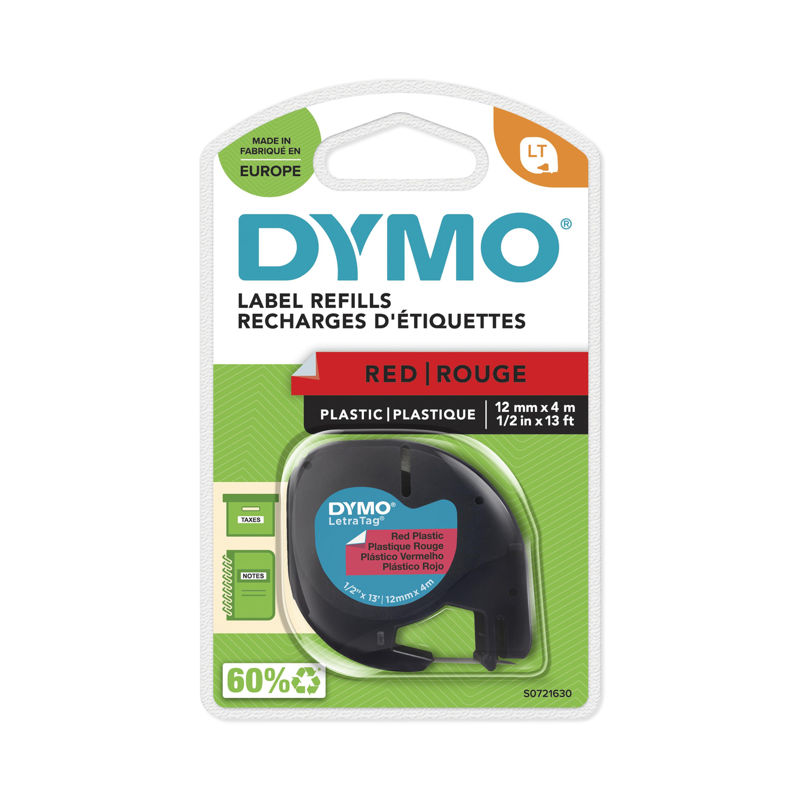 Dymo LetraTAG Plastic Black on Red Roll (1.2 Cm X 4 M)