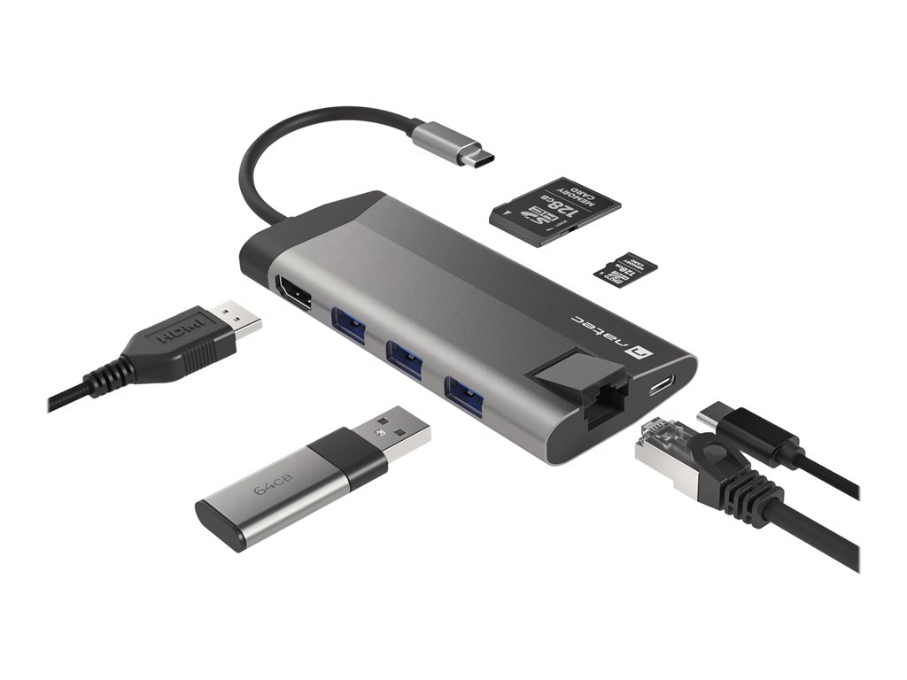 NATEC multiport Fowler Plus USB-C->HUB USB 3.0 3x HDMI 4K USB-C PD RJ45 SD Micro SD