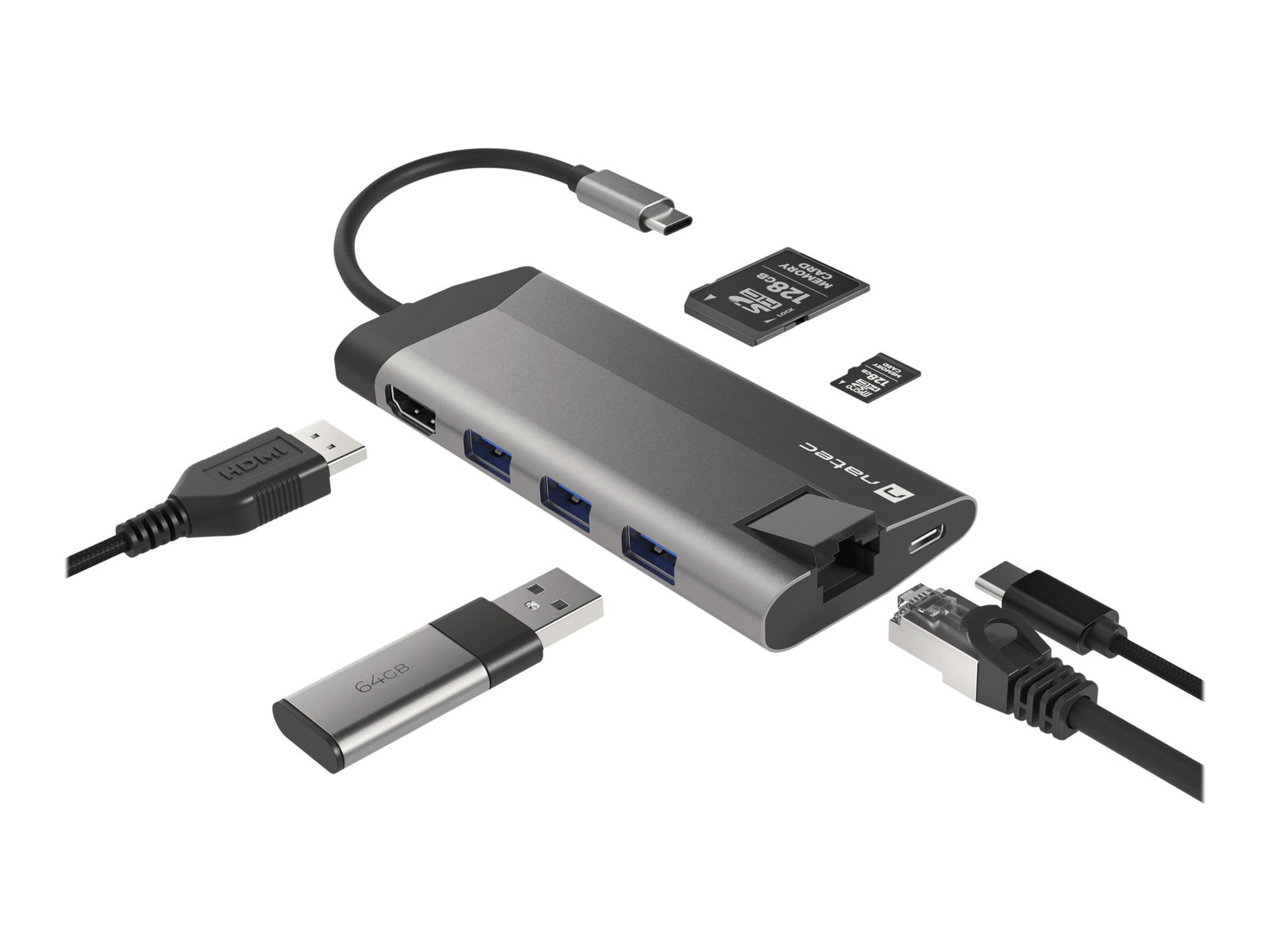 NATEC multiport Fowler Plus USB-C->HUB USB 3.0 3x HDMI 4K USB-C PD RJ45 SD Micro SD