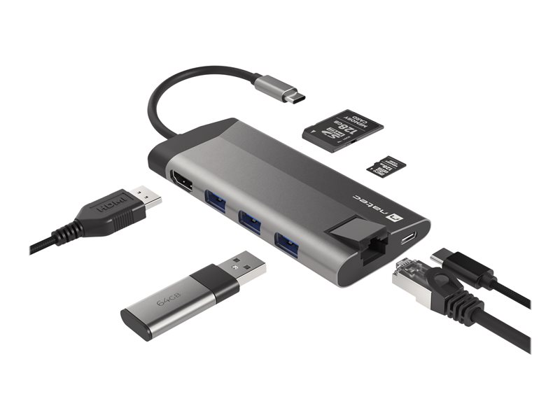 NATEC multiport Fowler Plus USB-C->HUB USB 3.0 3x HDMI 4K USB-C PD RJ45 SD Micro SD