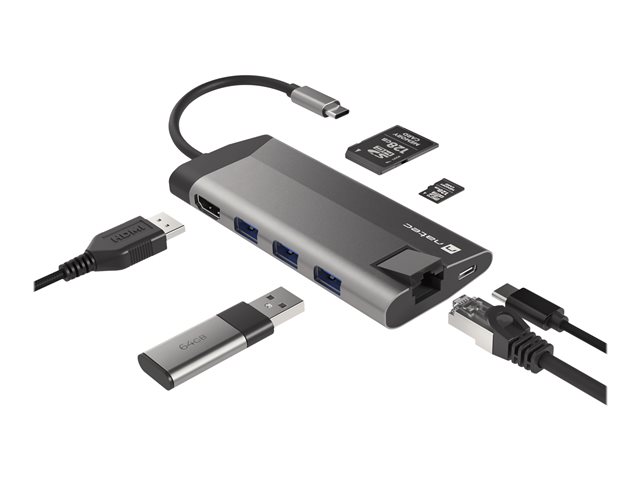 NATEC multiport Fowler Plus USB-C->HUB USB 3.0 3x HDMI 4K USB-C PD RJ45 SD Micro SD