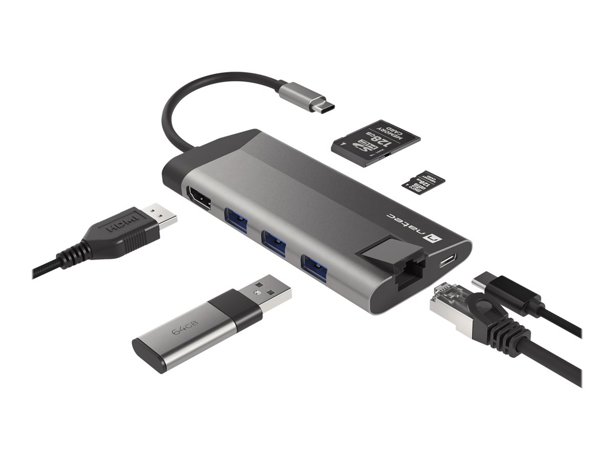 NATEC multiport Fowler Plus USB-C->HUB USB 3.0 3x HDMI 4K USB-C PD RJ45 SD Micro SD