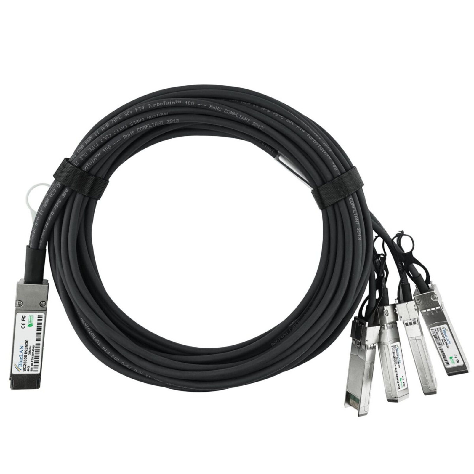 BlueLAN Passive 40GBASE-CR4 QSFP to 4x10GBASE-CR SFP+ Breakout Direct Attach Cable 1 Metre AWG30