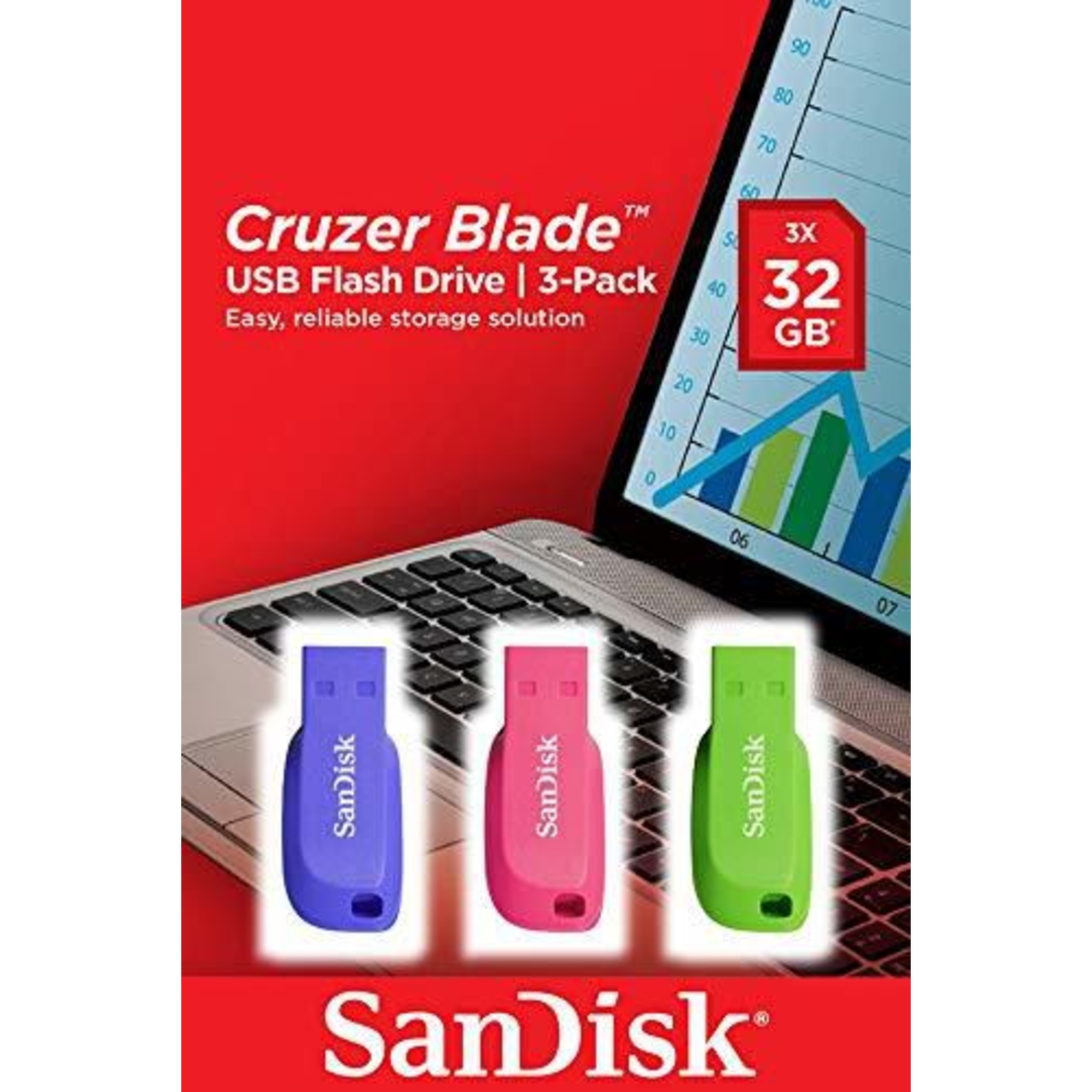 SanDisk Cruzer Blade 3x 32GB 32 GB USB Type-A 2.0 without Lid 2.5 G Blue Green Pink