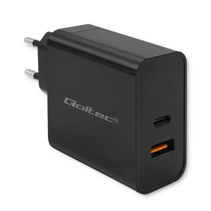 Qoltec 52381 Super Quick PD charger 1xUSB-C 1xUSB 90W 5-20V 2.4-4.35A Black