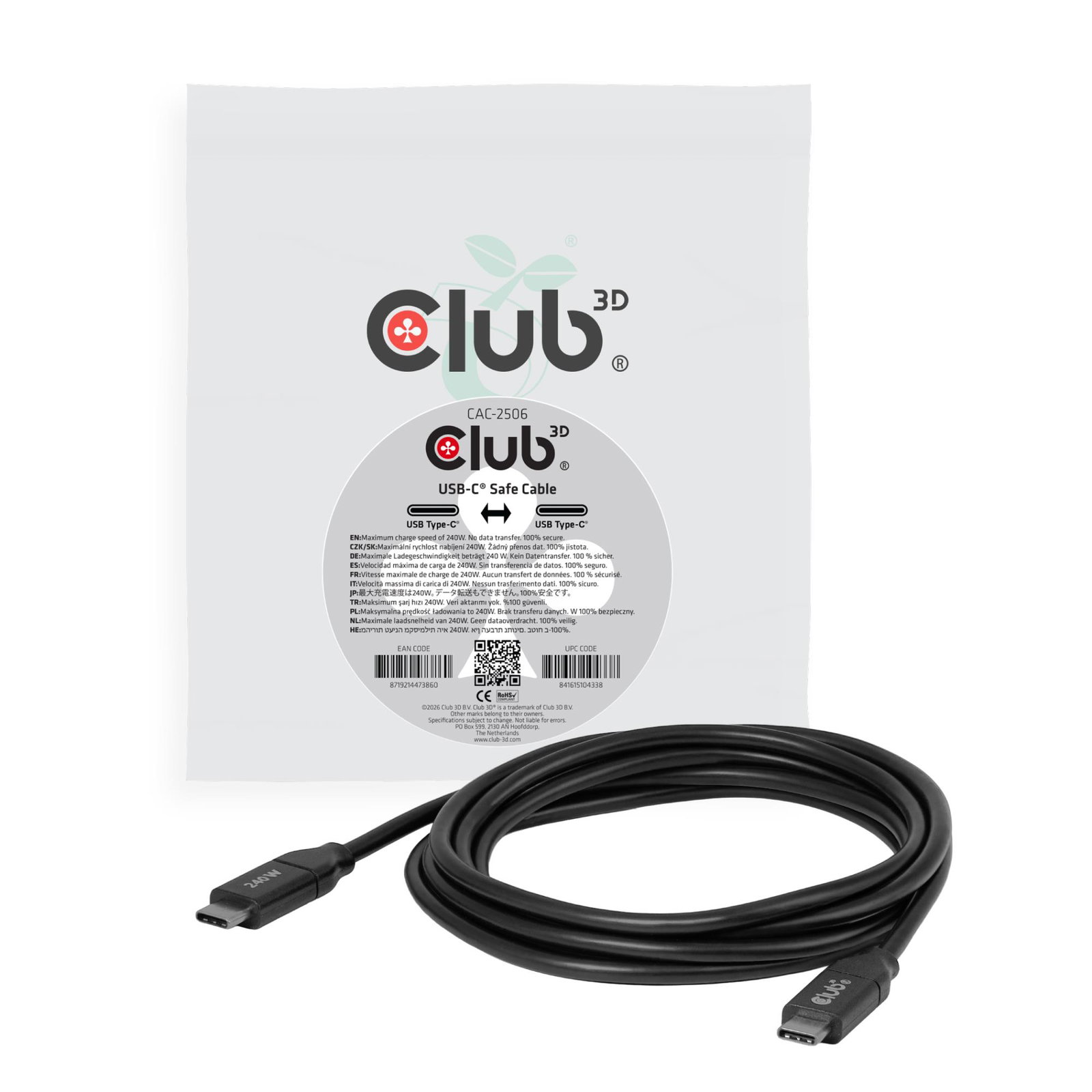 CLUB3D USB-C® Safe Cable 240W No Data 2m/6.56ft