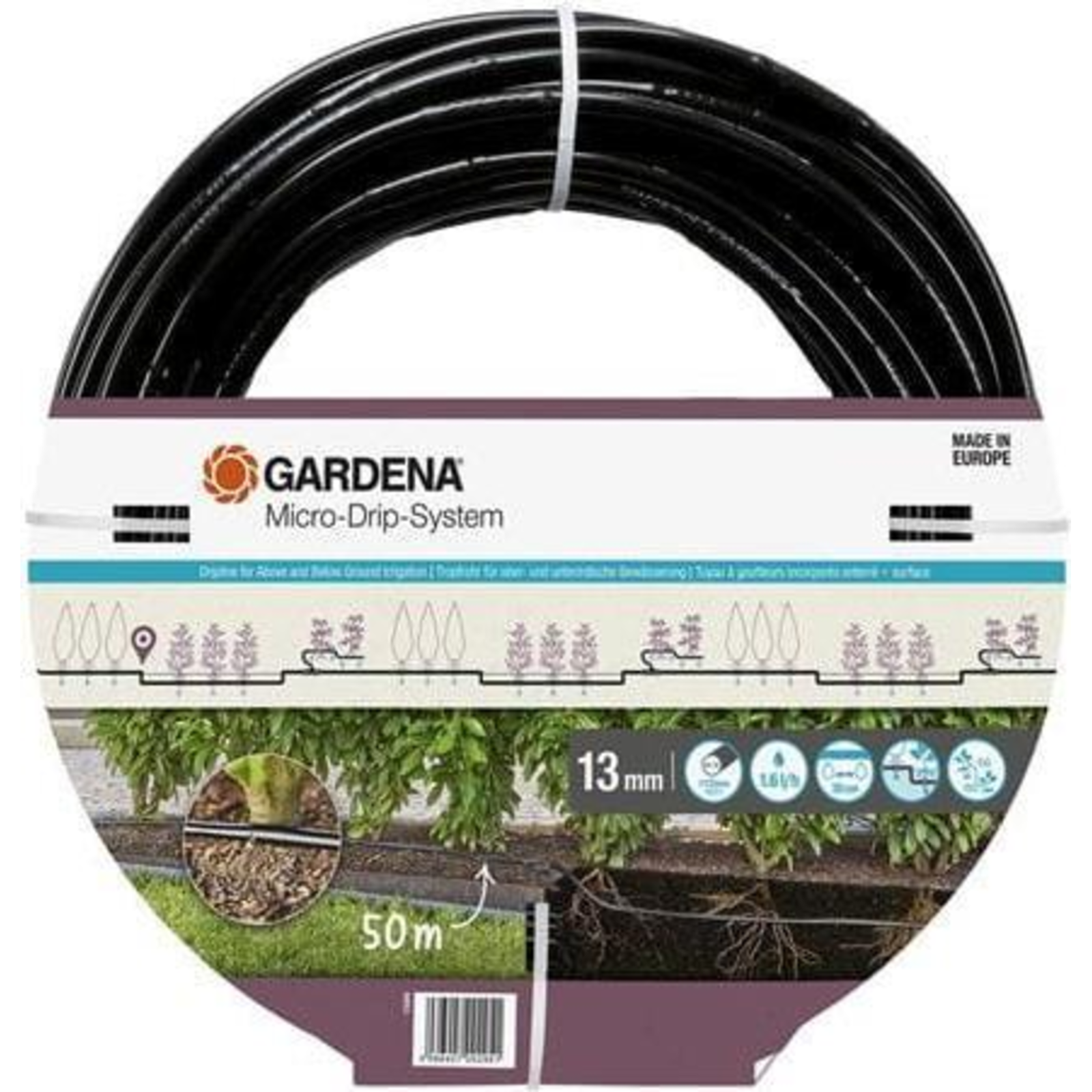 Gardena Micro-Drip-System Drip Tube for Bushes Hedges 1.6 L H 50 Metres Black