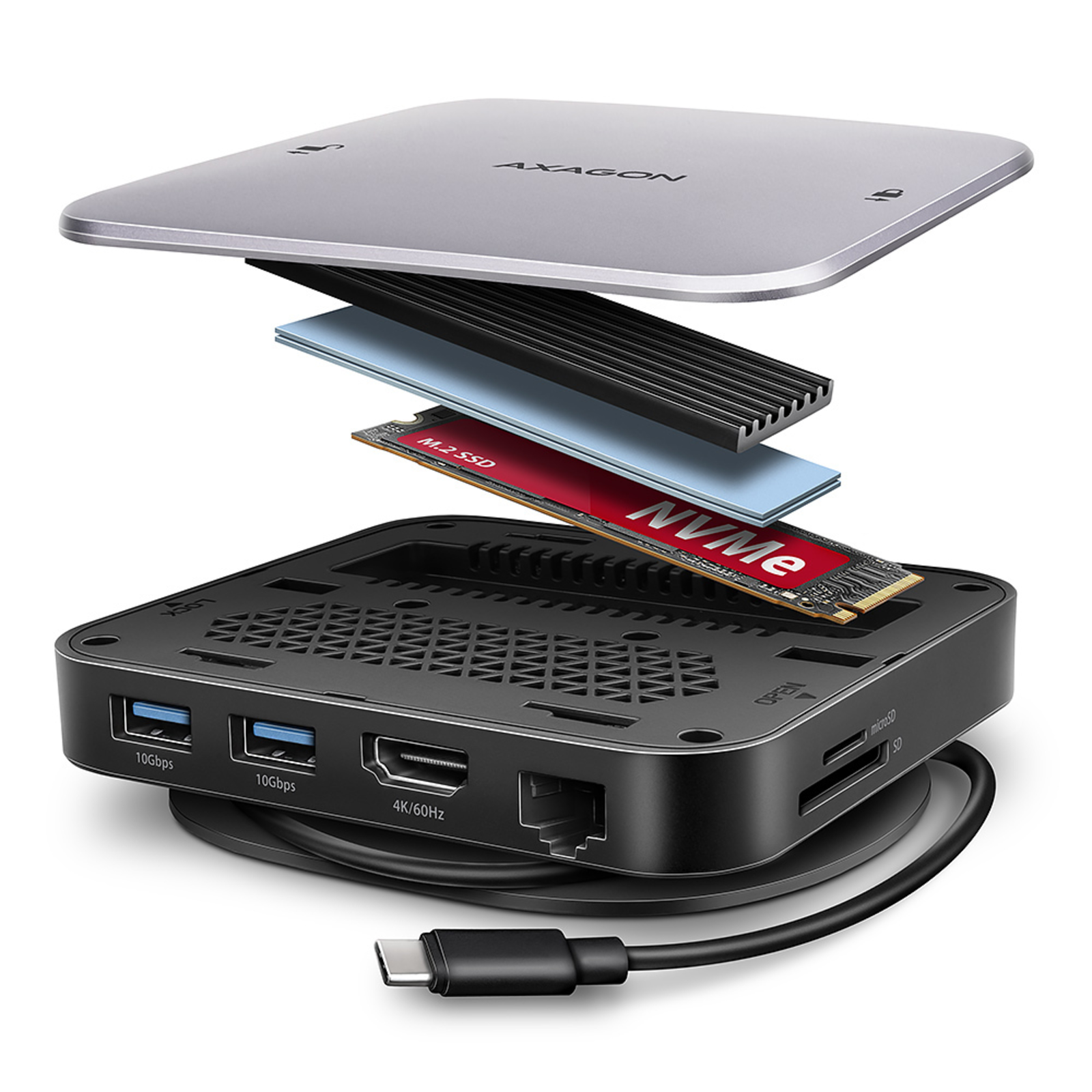 Axagon HMC-UFO USB-C Hub M.2 SATA/NVMe 1 Gbit/s Ethernet 384 kHz Audio Wired USB 3.2 Gen 2 (3.1 Gen 2) Type-C Black