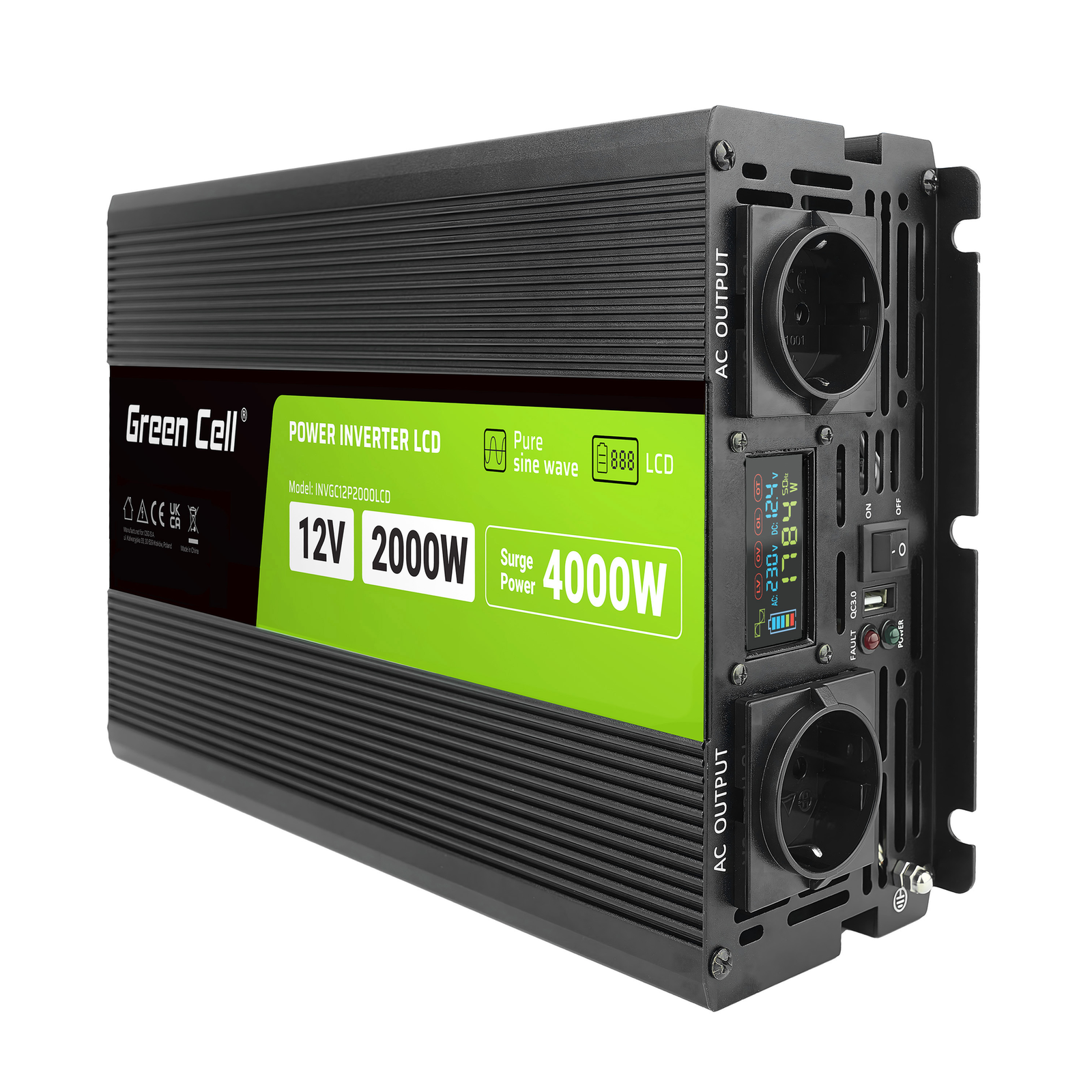 Greencell Power Inverter LCD 12V 2000W 40000W Pure Sine Wave with Display