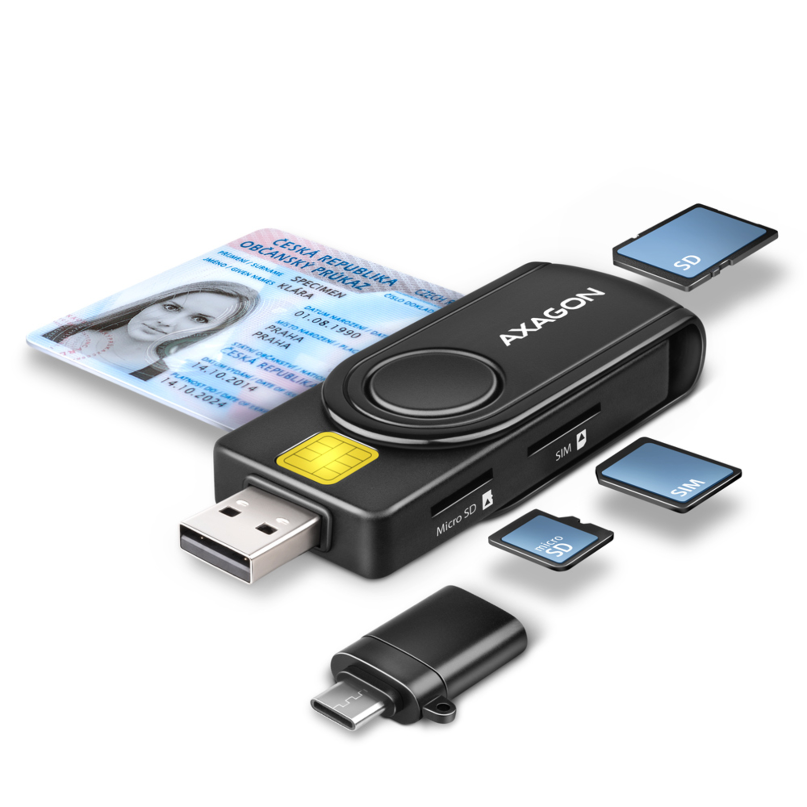 Axagon CRE-SMP2A USB Smart card & SD/microSD/SIM PocketReader smart card reader Indoor USB Type-A/USB Type-C Black