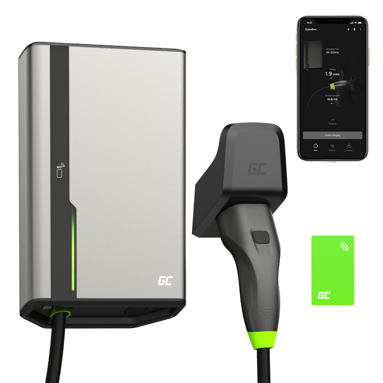 Greencell HabuDen Wallbox 22kW 32A 7,5m NFC Ladecable Typ 2 Intelligent GC App Bluetooth