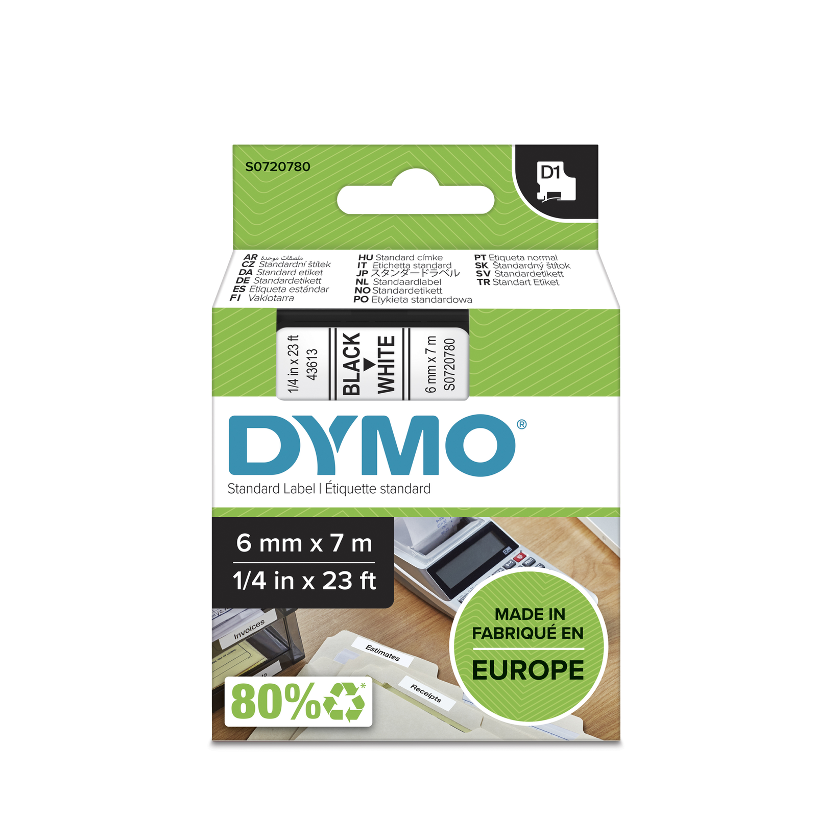 Dymo D1 Writing Tape 43613 Standard Black on White 6 Mm/7 M