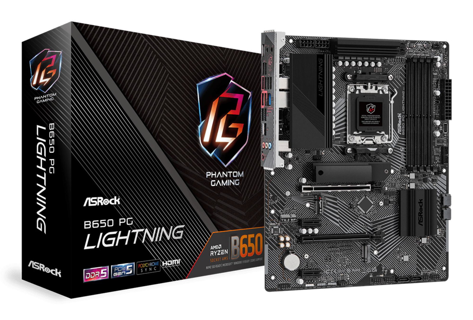 Mainboard ASROCK AMD B650 SAM5 ATX Memory DDR5 Memory slots 4 2xPCI-Express 4.0 1x 2xPCI-Express 4.0 16x 3xM.2 1xHDMI 1xAudio-In 1xAudio-Out 1xMicrophone 4xUSB 2.0 7xUSB 3.2 2xUSB-C 1xRJ45 B650PGLIGHTNING